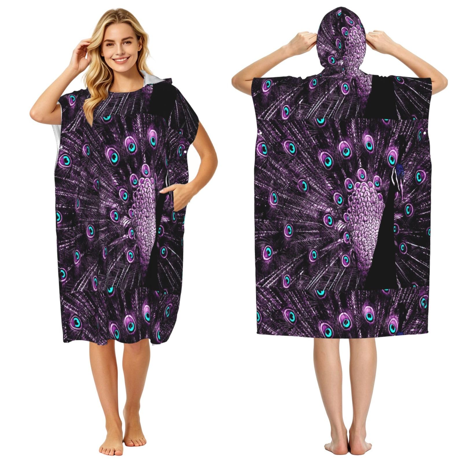 Poadnly Purple Peacock, Adult Hooded Beach Towel 90 x 110 cm,Changing Bath Robe, Surf Poncho Towel For Women Men