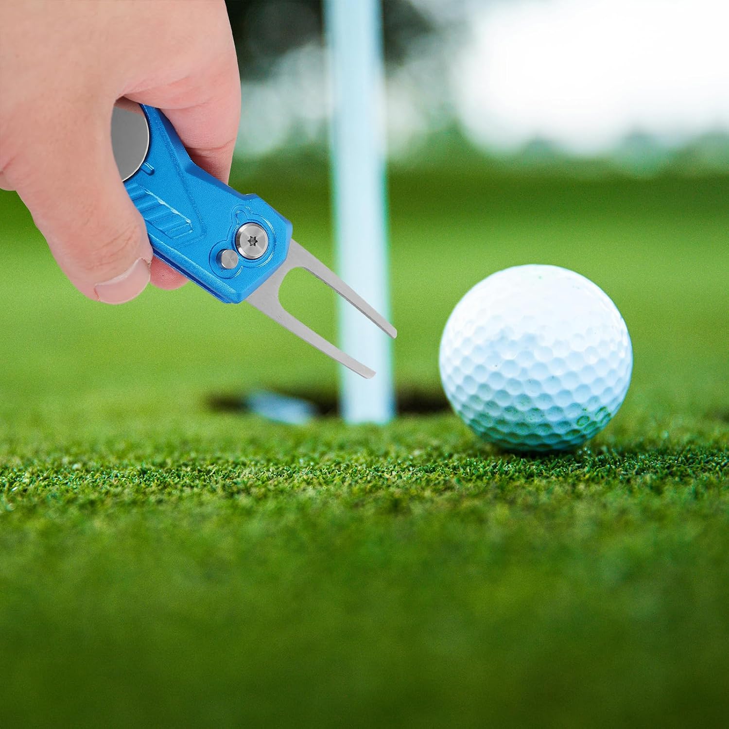 TEHAUX Golf Divot Repair Tool Portable Metal Golf Ball Fork Lawn Grass Repair Tool with Foldable Design