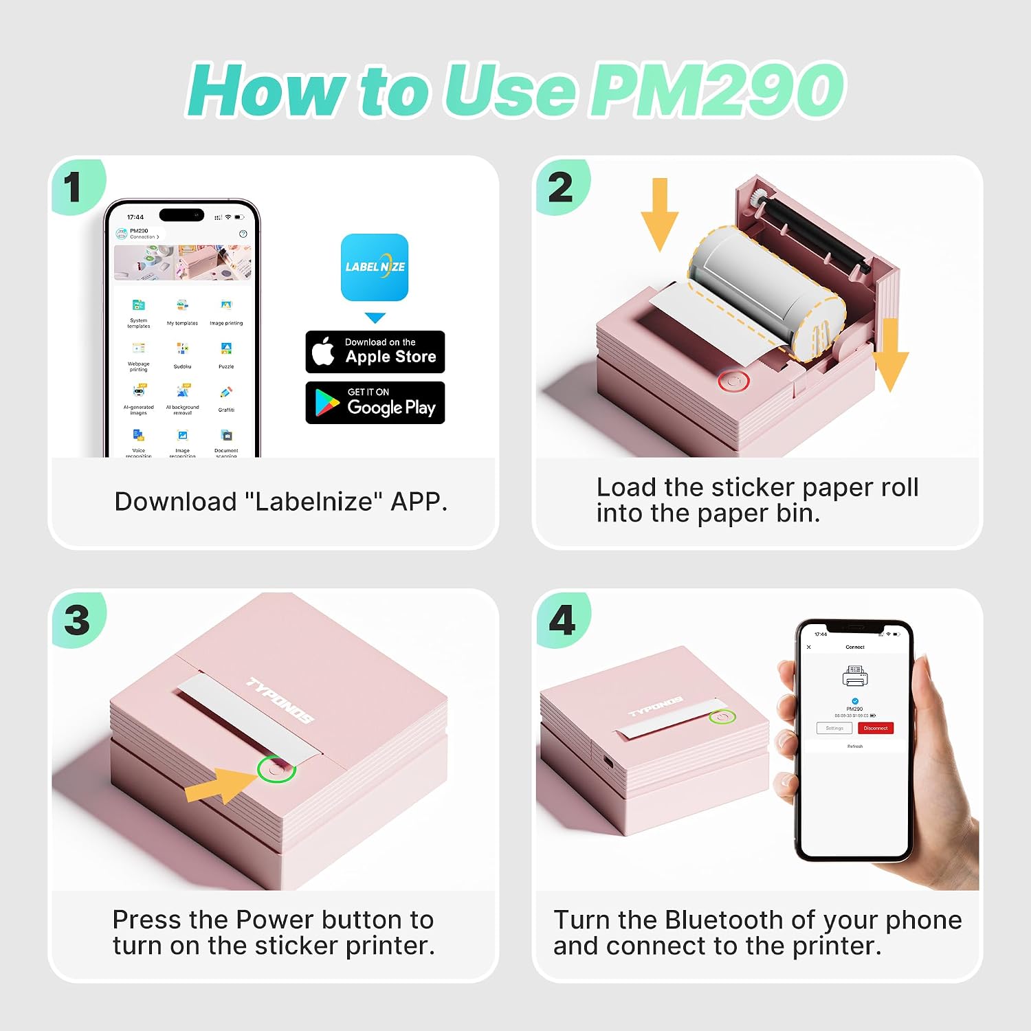 Sticker Printer, PM290 Mini Printer, Bluetooth Sticker Maker Machine with 3 Rolls Paper, Smart AI APP, Portable Print Pod for Study Note, Picture, List, DIY Gifts for School Office Home, Pink