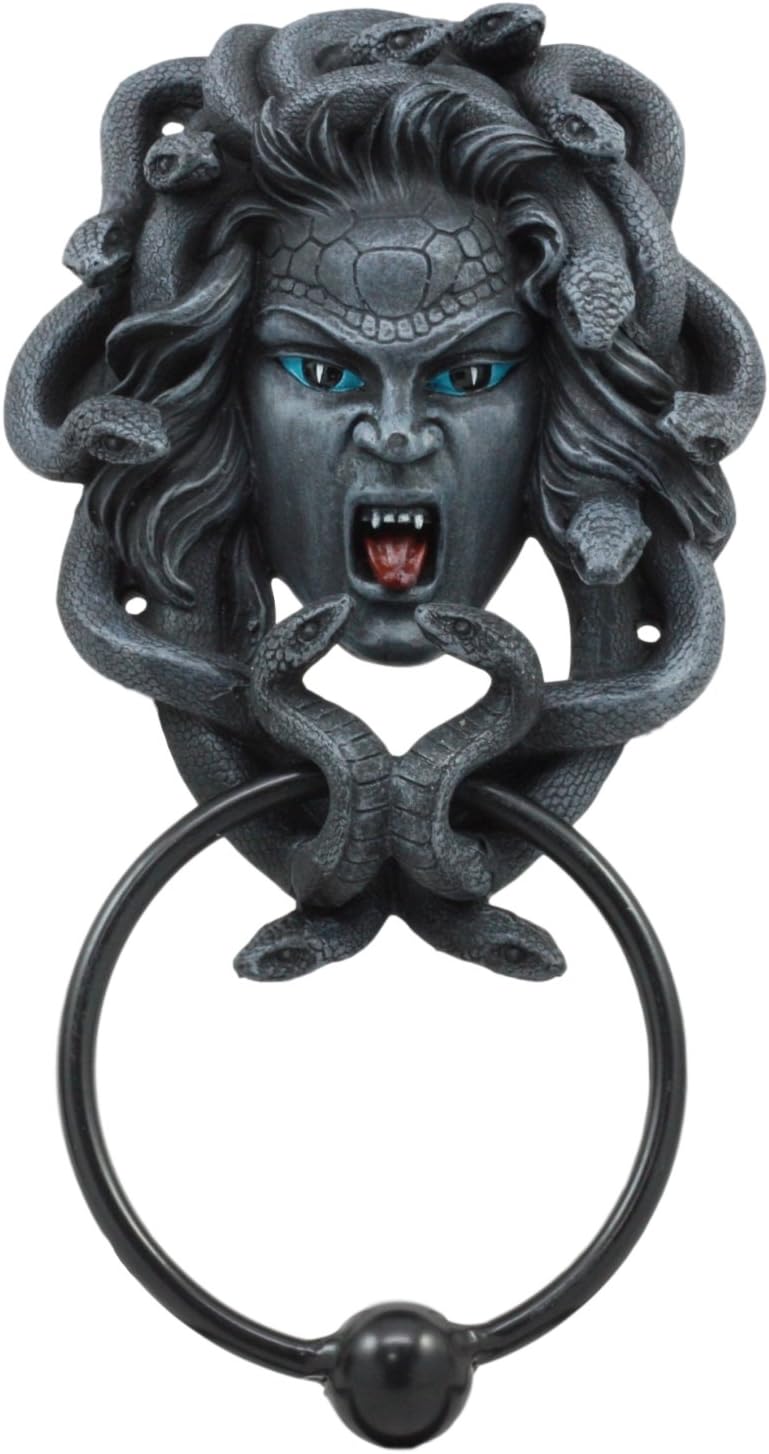 Ebros Faux Stone Severed Head of Medusa Door Knocker Figurine Greek Goddess Medusa Gorgon Sister Stone Gaze Home Decor