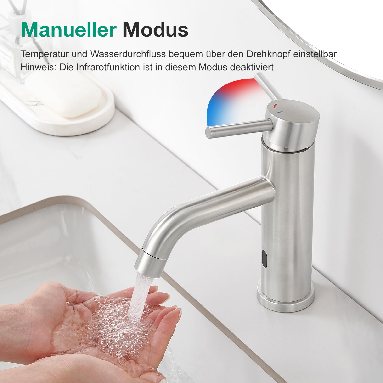 CREA Infrarot Sensor Waschtischarmatur für Badezimmer, Einhebelmischer Armatur Wasserhahn für Waschbecken Bad, Gebürstet