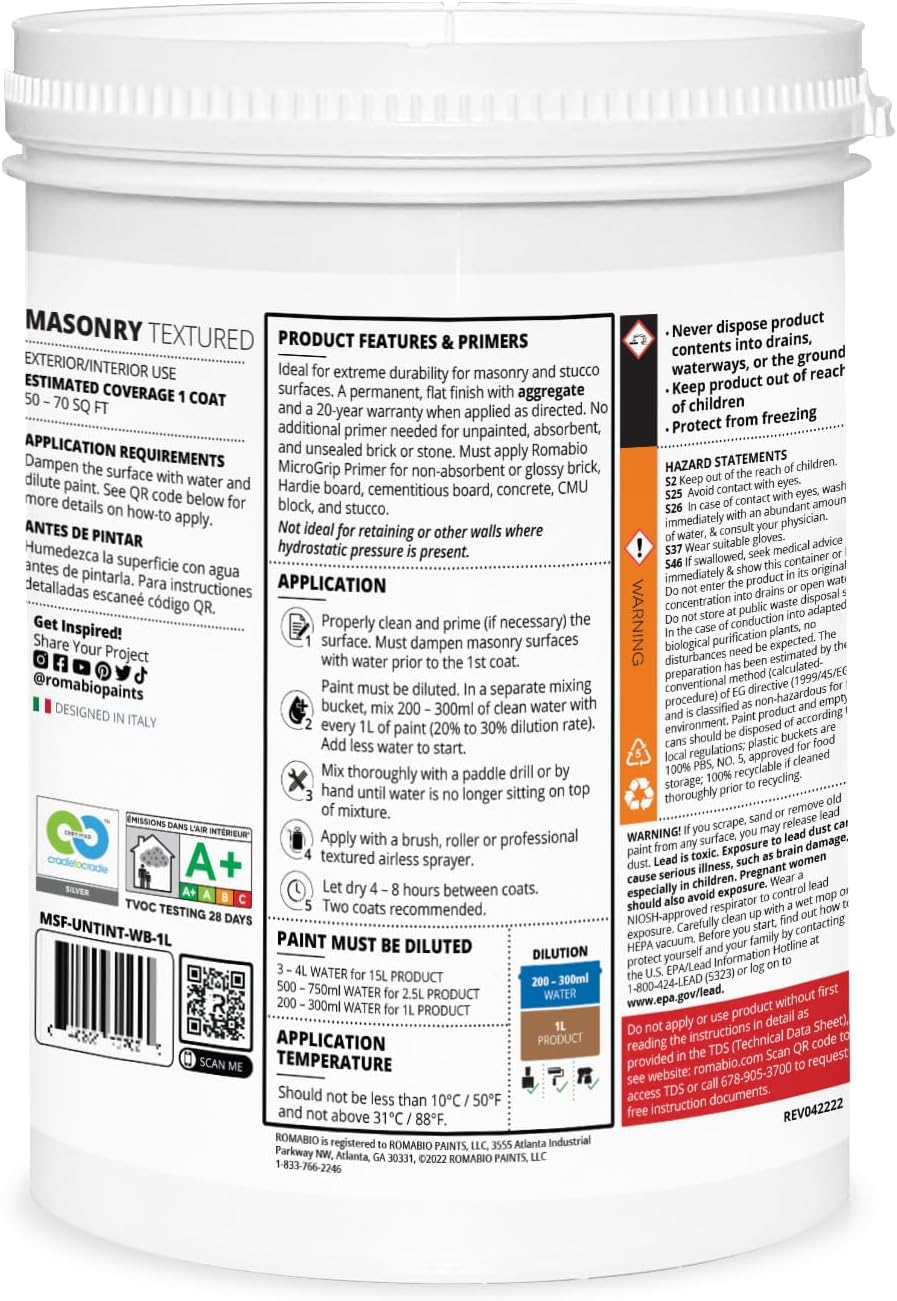 Romabio Masonry Textured, Italian Mineral Paint For Brick, Stone, Stucco & Cement, (Bianco White) 2.5L