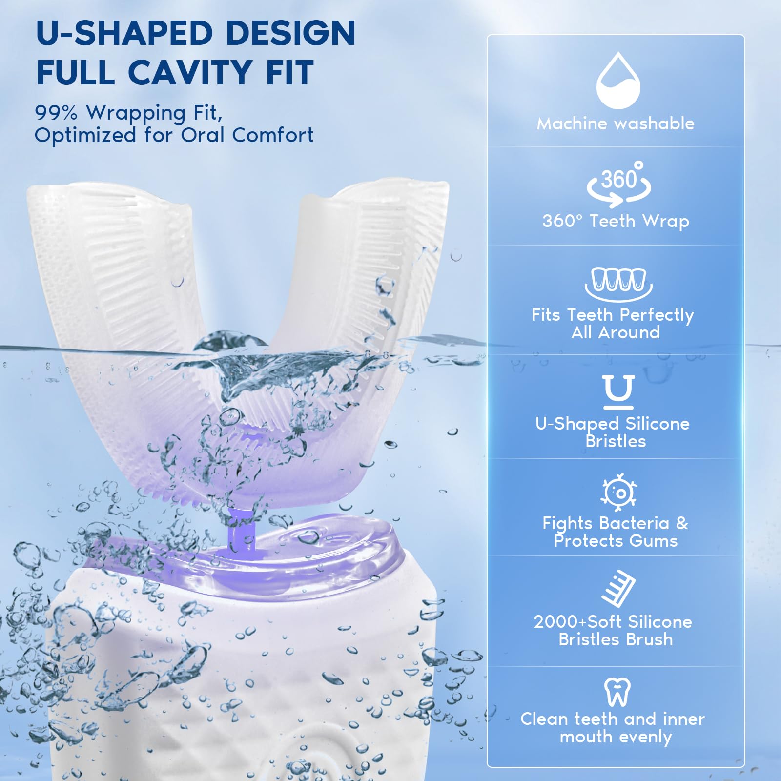 Cepillo De Dientes Ultrasónico Automático,En Forma De U,3 Niveles De Intensidad,Ipx7 Impermeable,45 S Temporizador,Cepillo De Dientes Eléctrico Ultrasónico 360° Para Adultos