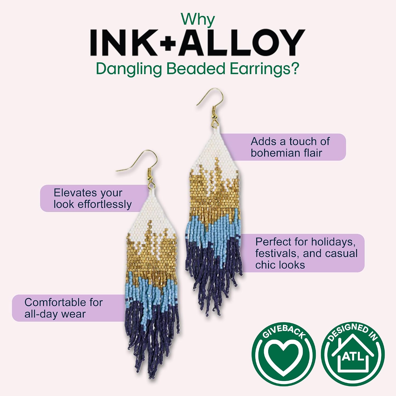 INK+ALLOY Beaded Earrings for Women Dangling, Claire Luxe Seed Bead Fringe Statement Boho Earrings, Hypoallergenic Handmade Jewelry for the Modern Bohemian, 4.25-Inch