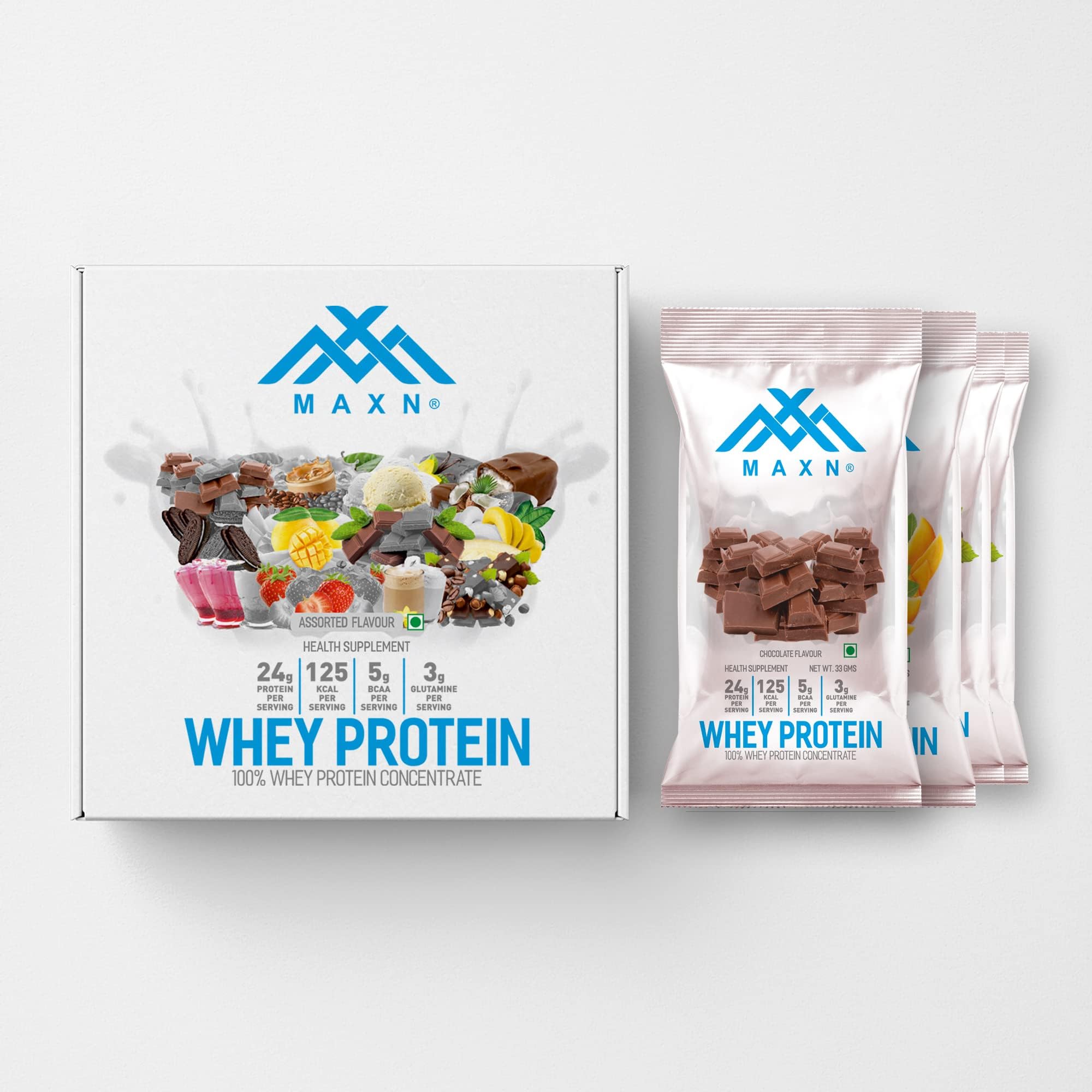 Whey Protein Maxn Whey Protein Concentrate/Isolate - Flavoured Powder For Muscle Growth Flavours Single Serving Pack Of 8/Powder For Muscle Support & Recovery /Whey Protein Supplement Powder