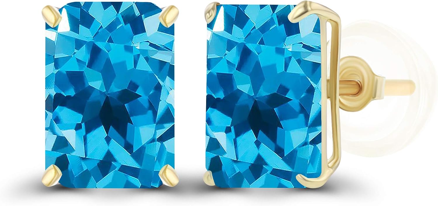 Solid 14K Gold 7x5mm Emerald Cut Genuine Birthstone Stud Earrings For Women | Hypoallergenic Studs | Natural or Created Gemstone Stud Earrings For Women