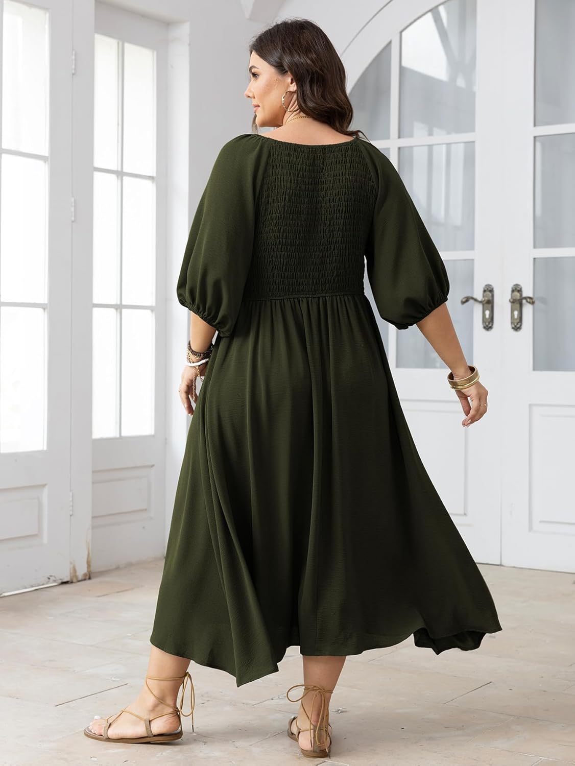 Women's Plus Size Casual Dresses Square Neck Button Up Smocked 3/4 Puff Sleeve Empire Wasit A-line Flowy Midi Dress - Image 4