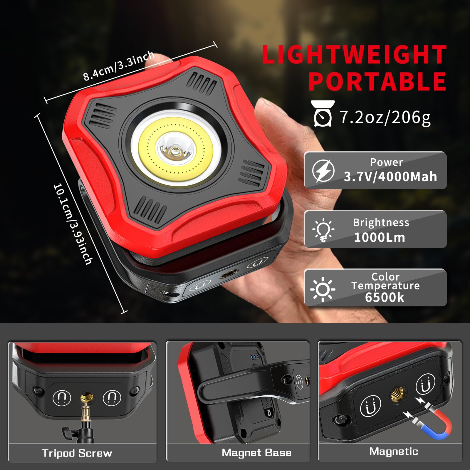 Lampe de travail LED, 1000 lumens, super lumineuse, lampe d'inspection, lampe d'inspection, 4 modes d'éclairage avec base magnétique et rotation à 180 °, pour garage, atelier, camping