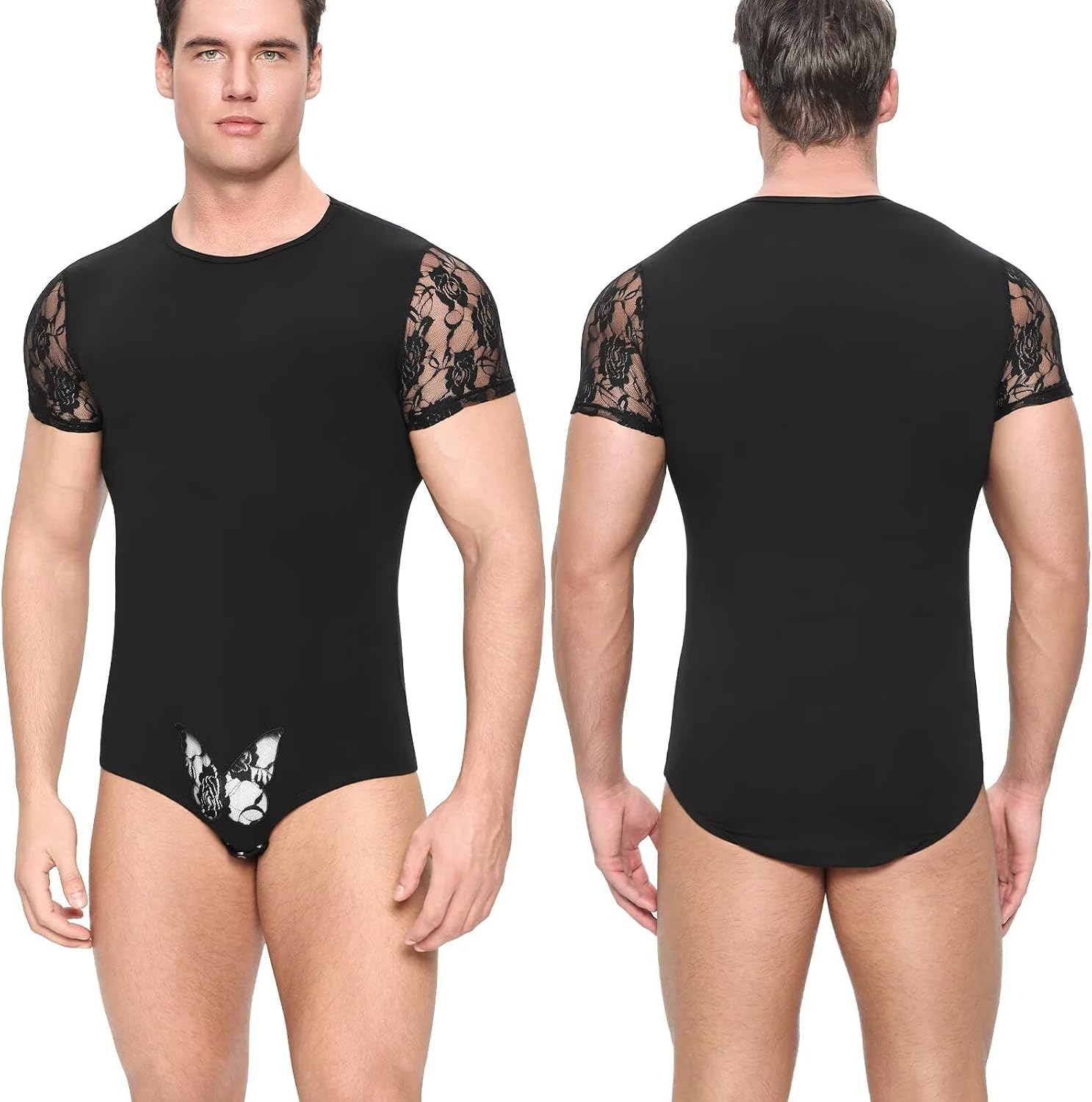 Landofgenie Mens Onesie Short Sleeve Adult Romper for Men One Piece Pajama Nightwear Sleepwear Crotch Snaps Lace Butterfly