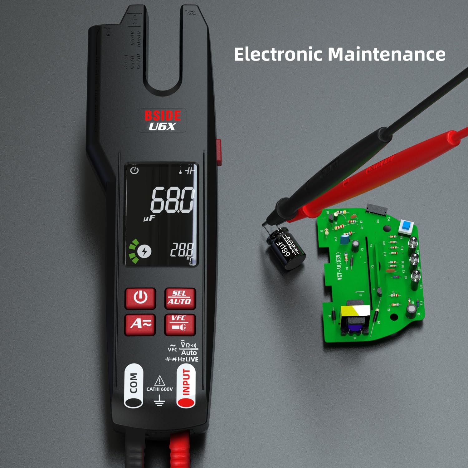 BSIDE U6X probador eléctrico pinza amperimétrica abierta AC DC 600A con termómetro IR mejorado 12:1 LCD color 9999 cuentas VFC multímetro digital inteligente TRMS con batería recargable