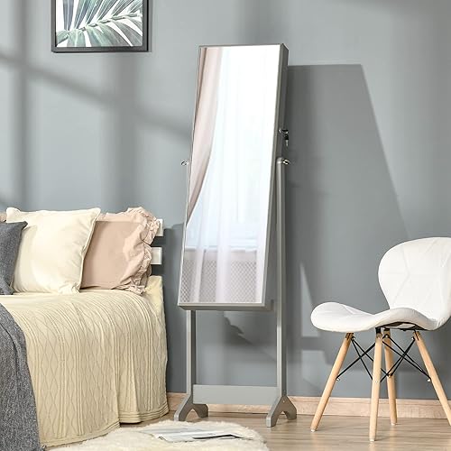 Miniatura 6 de HOMCOM Armario de joyería de pie, organizador de joyas con cerradura con espejo de longitud completa y 3 ángulos ajustables, gris