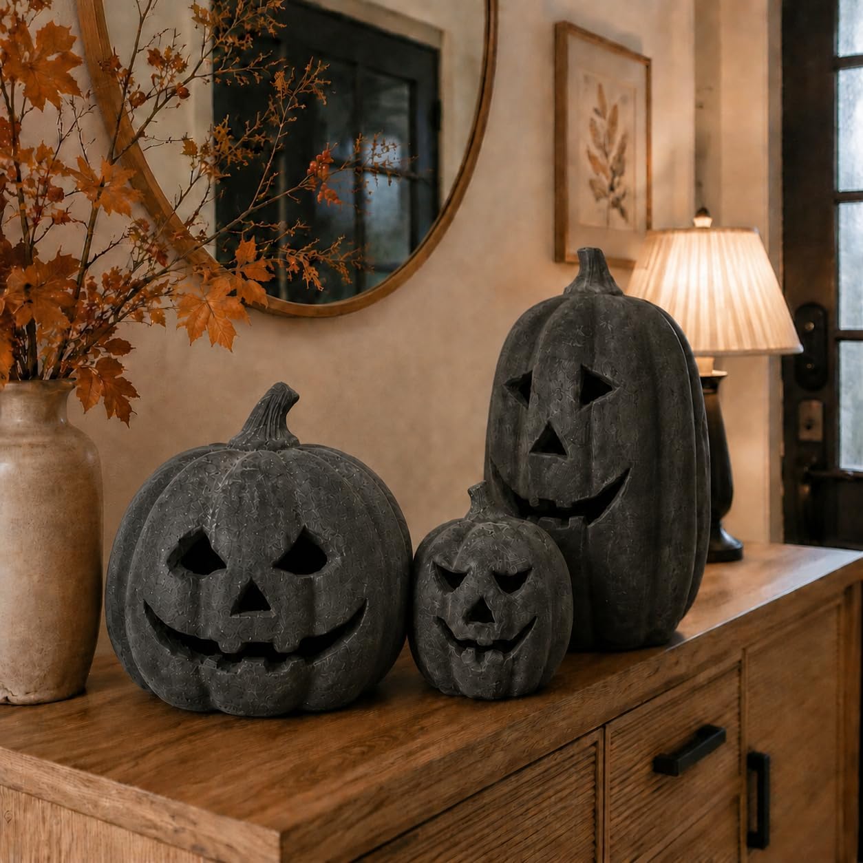 Halloween Decorations - Fall Decor - Black Handmade Terracotta Pumpkin Jack O' Lantern with Flameless Candle - Cute Farmhouse Table Centerpieces Decoration for Indoor Outdoor Front Porch