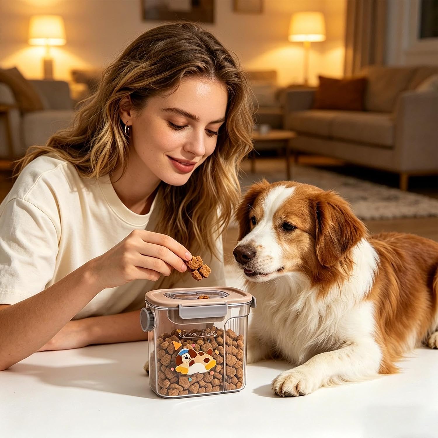 Dog Treat Jar - Side Pouring Pet Food Bin with Measuring Cup - Cat Treat Storage Bin | for Flour Cereal Oats Countertop Home Kitchen Dining Room Restaurant