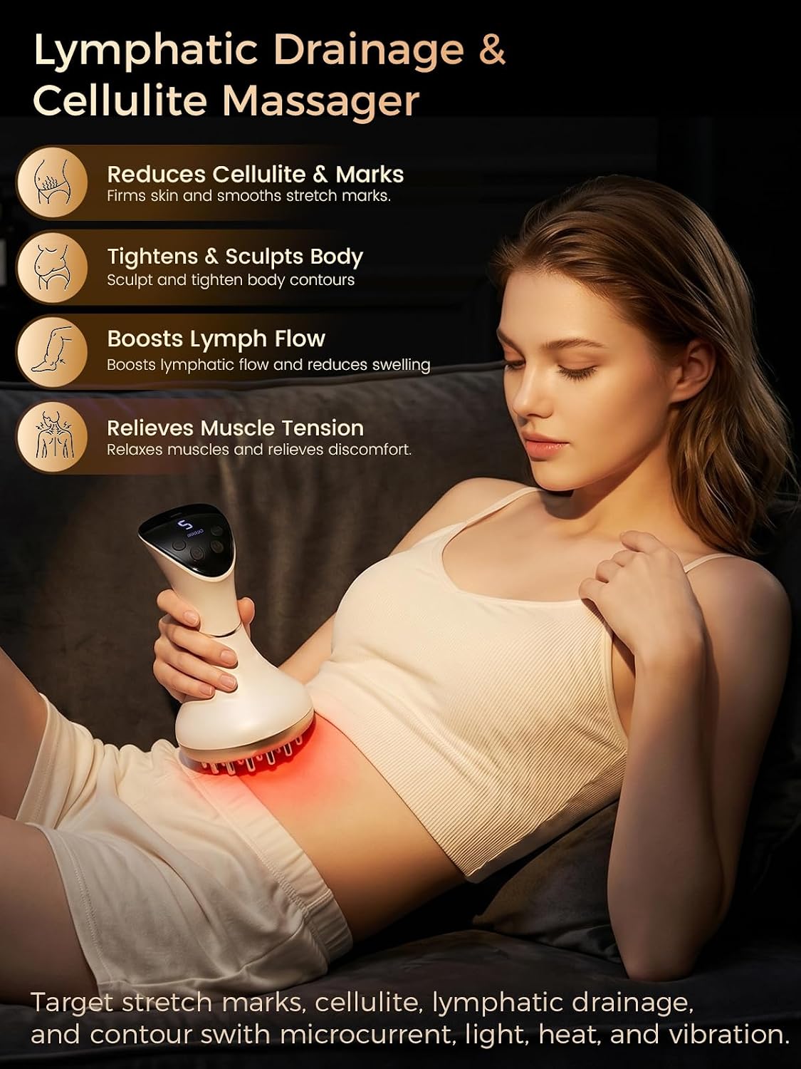 Lymphatic Drainage Massager - Body Sculpting Machine & Anti Cellulite Massage Tool for Stretch Marks，Waist, Legs & Arms with 4-Color Light, Pulse, Heat & Vibration