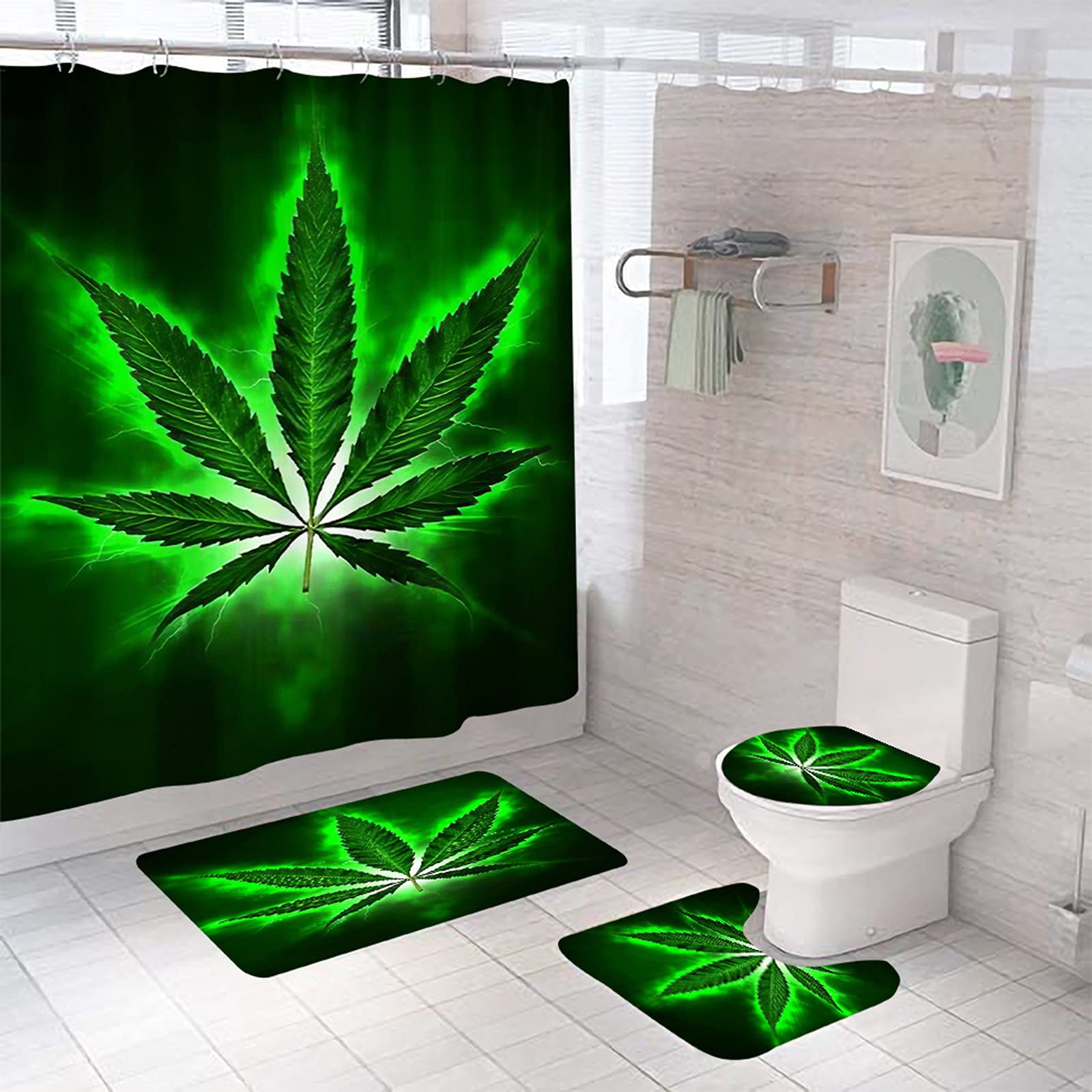 Rideau de douche design avec tapis de bain et couvercle de toilette 4 pièces