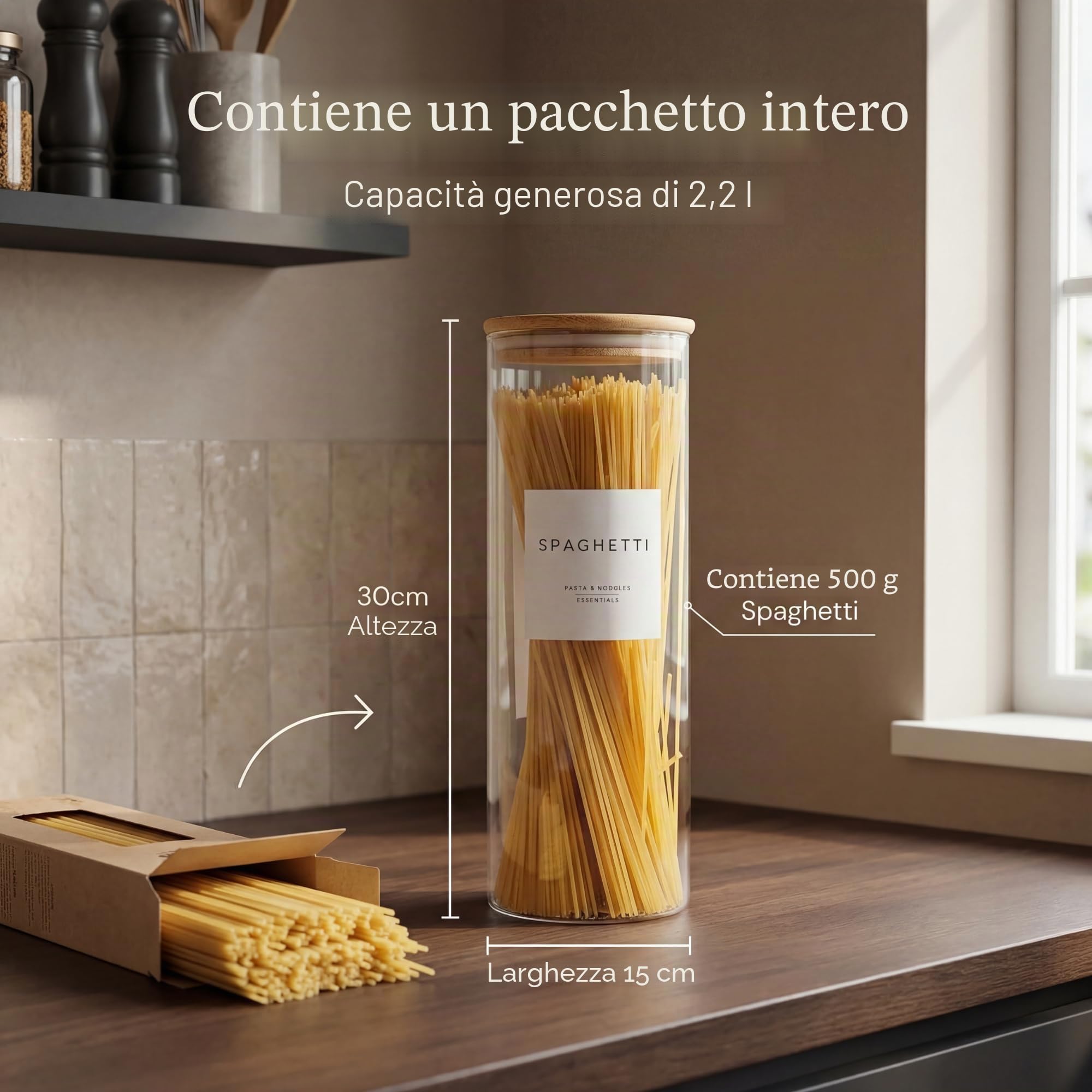 Livabl Set di 3 barattoli in vetro di bambù con coperchi ed etichette, 2,2 l, per spaghetti, pasta, avena, cereali, riso, contenitori da cucina