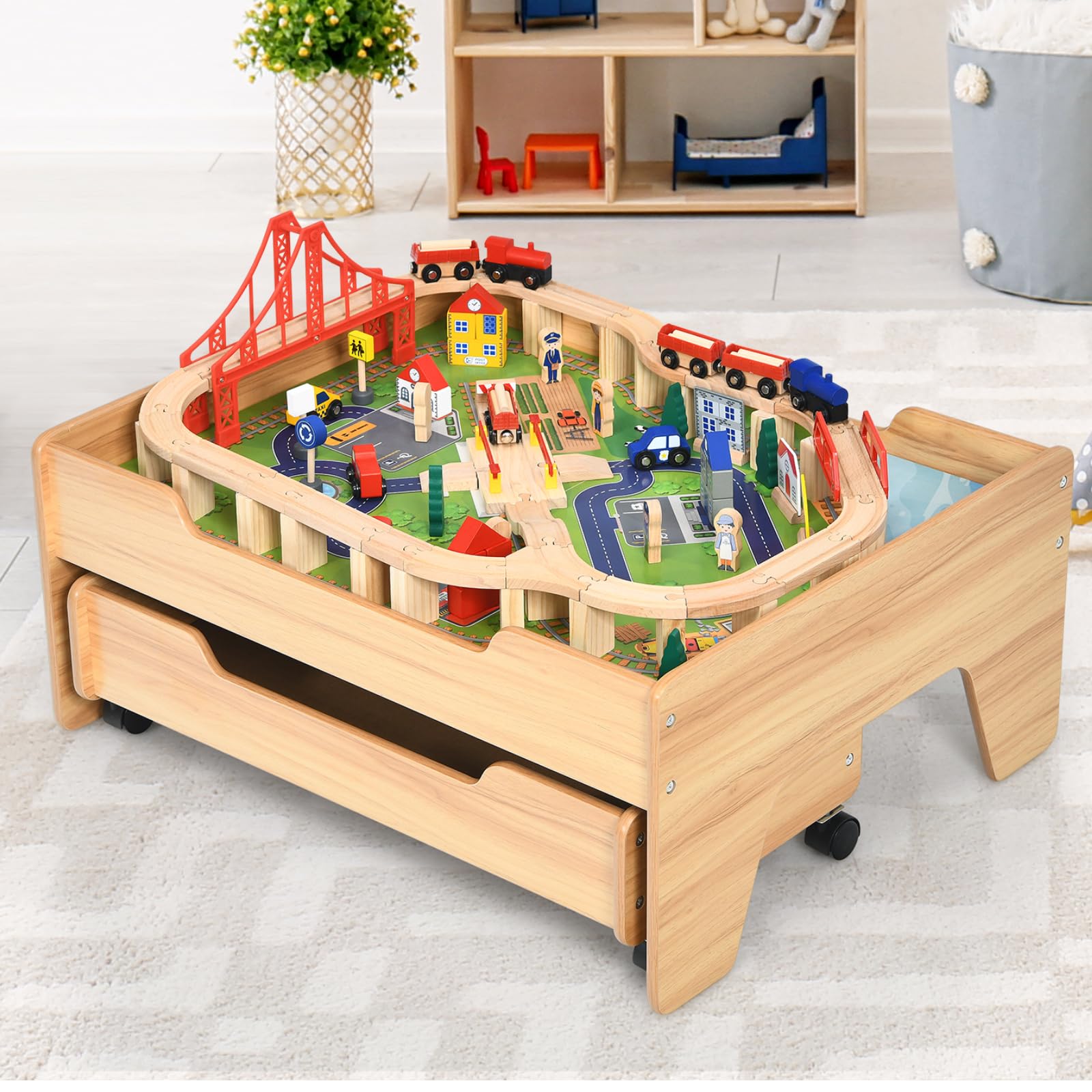 Maxmass 100 PCS Wooden Train Set, Kids Train Track Rail Set with Drawer on Wheels, Toddler Play Table Sets Activity Table Educational Railway Toy for 3+ Years Old Boys Girls