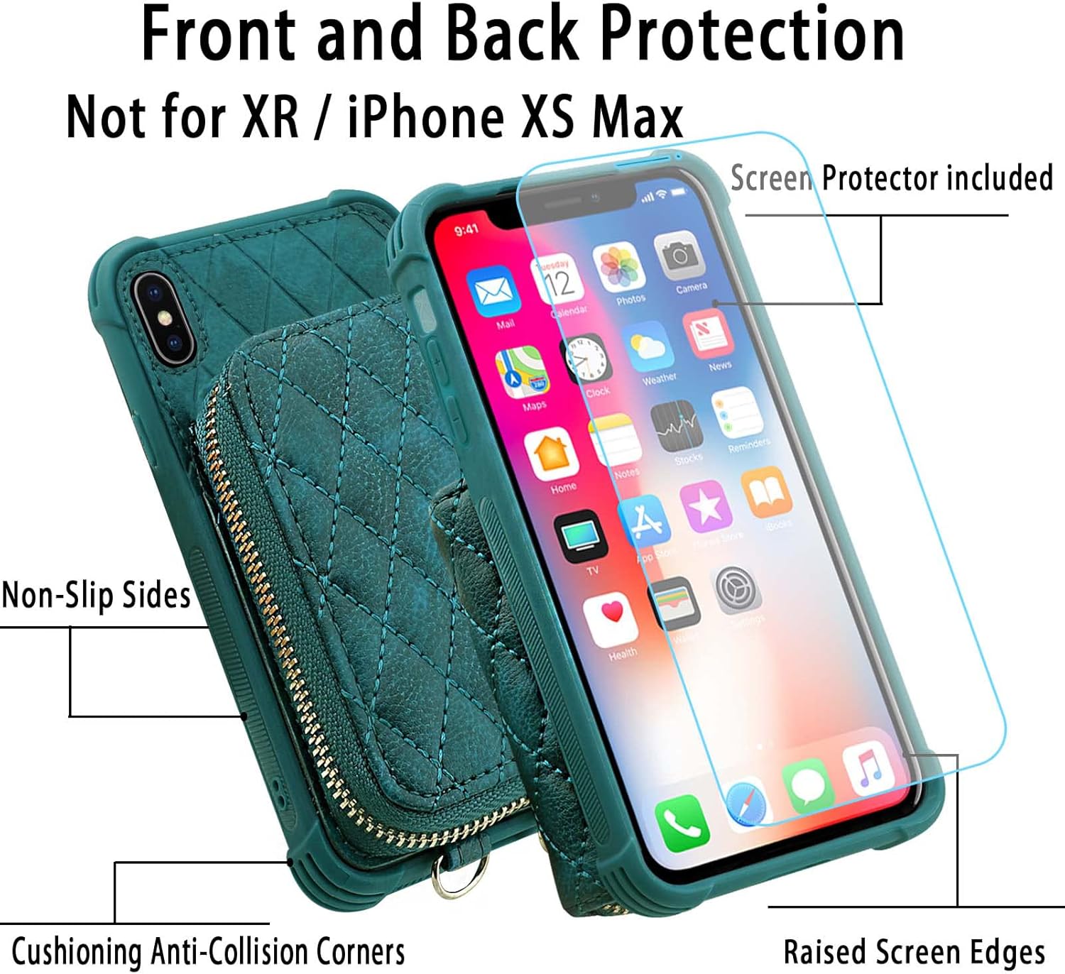MONASAY Zipper Wallet Case Fit for iPhone X/XS,[Glass Screen Protector ][RFID Blocking] Flip Leather Handbag Phone Cover with Card Holder and Detachable Crossbody Shoulder Lanyard Strap, Dark Green
