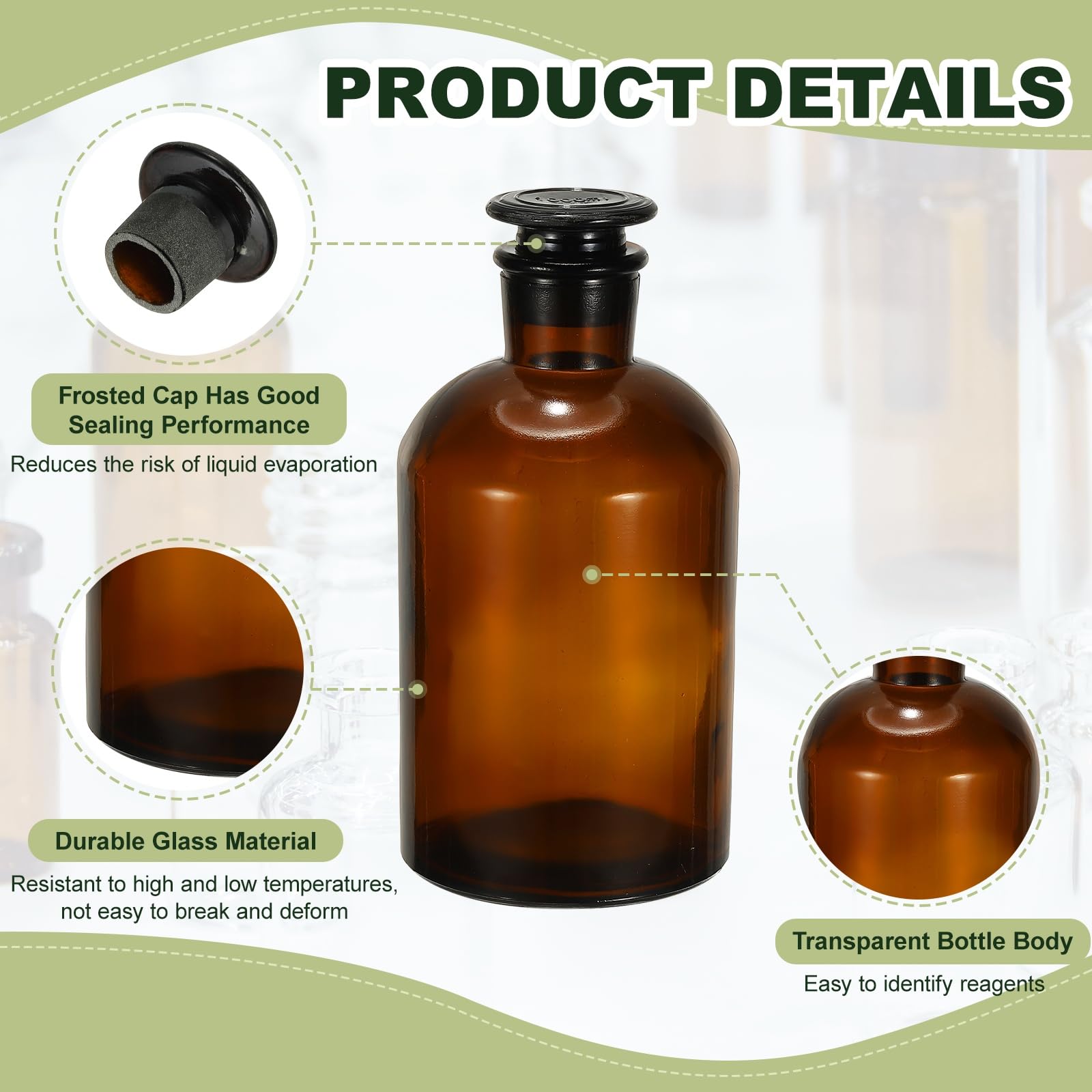 PATIKIL 2 Pack 1000ml Frasco De Vidrio Para Boca Estrecha Con Tapón Esmerilado Para Almacenamiento De Medios De En Laboratorio Agua Líquidos Químicos Color Marrón (35.2 Onzas)