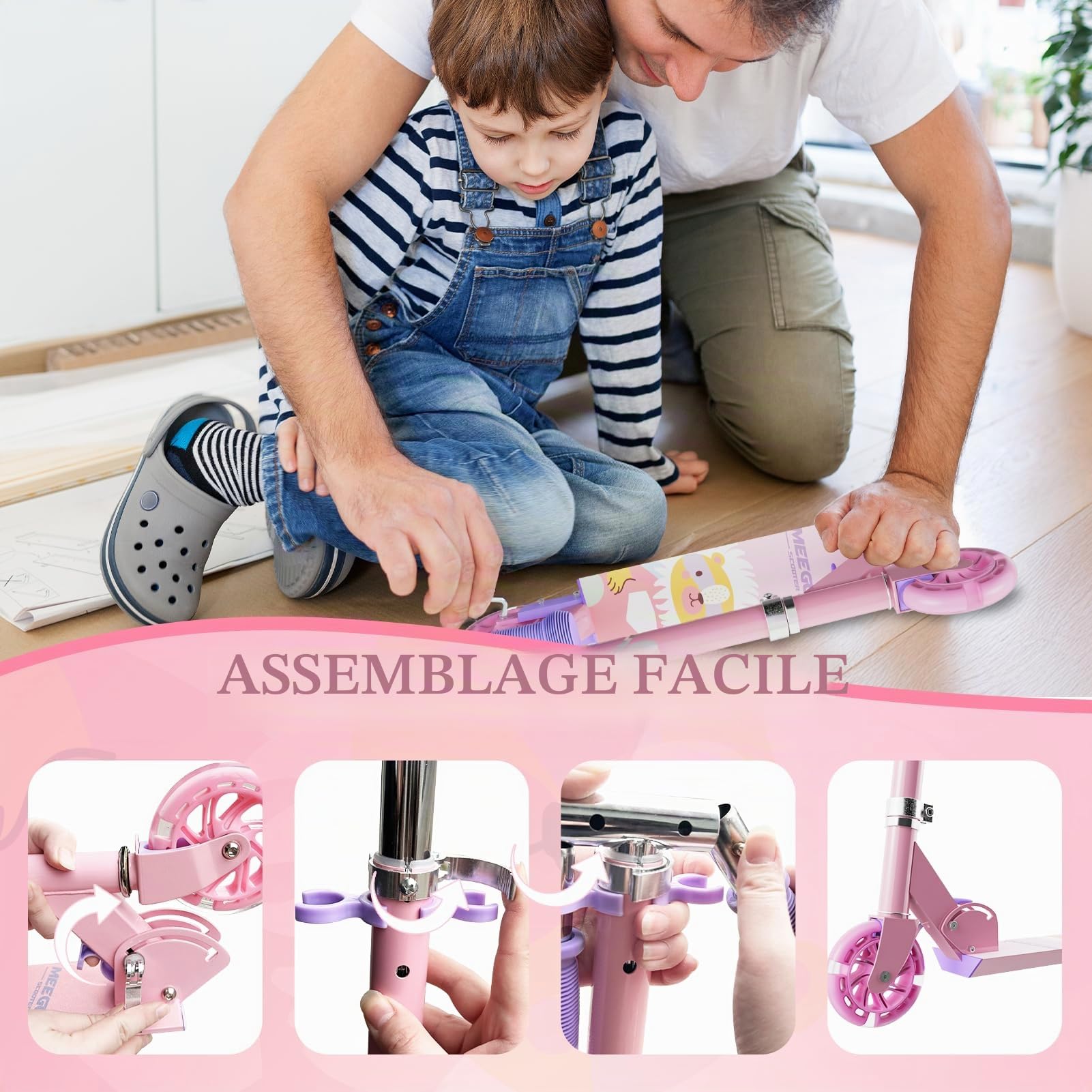 MEE GOO Trottinette pliable en aluminium pour enfants de 8 ans et adultes - Hauteur réglable - Avec frein à main et cloche