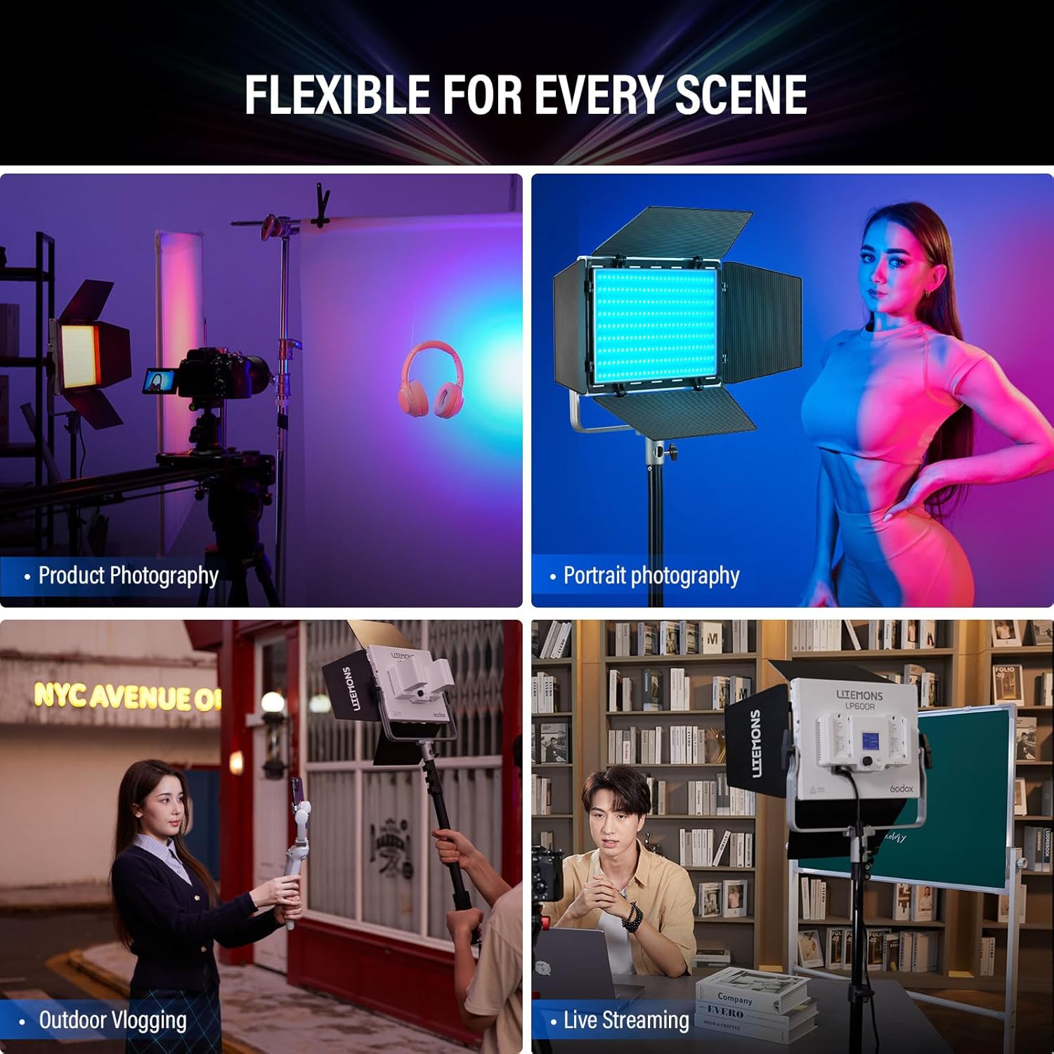 Godox Litemons LP600R 60W RGB LED Light Panel 2-Light Kit, 2-Pack with Battery Power, Light Stand, Carrying Case, 1800-10000K, 9270Lux@0.5m, APP Control for YouTube Video Recording and Live Streaming