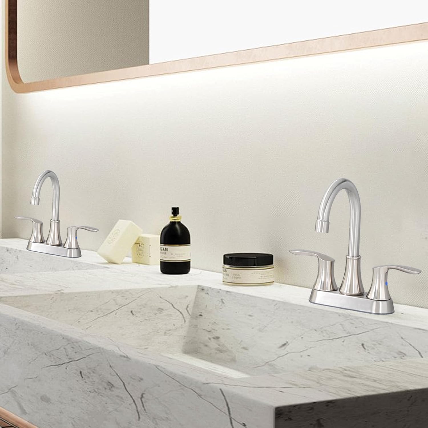 Friho 4 Inch Centerset Bathroom Faucet, Brushed Nickel Bathroom Faucets for Sink 3 Hole, Lead-Free 2 Handle Stainless Steel RV Bath Vanity Faucet with with Pop-up Drain and Supply Lines - Image 9