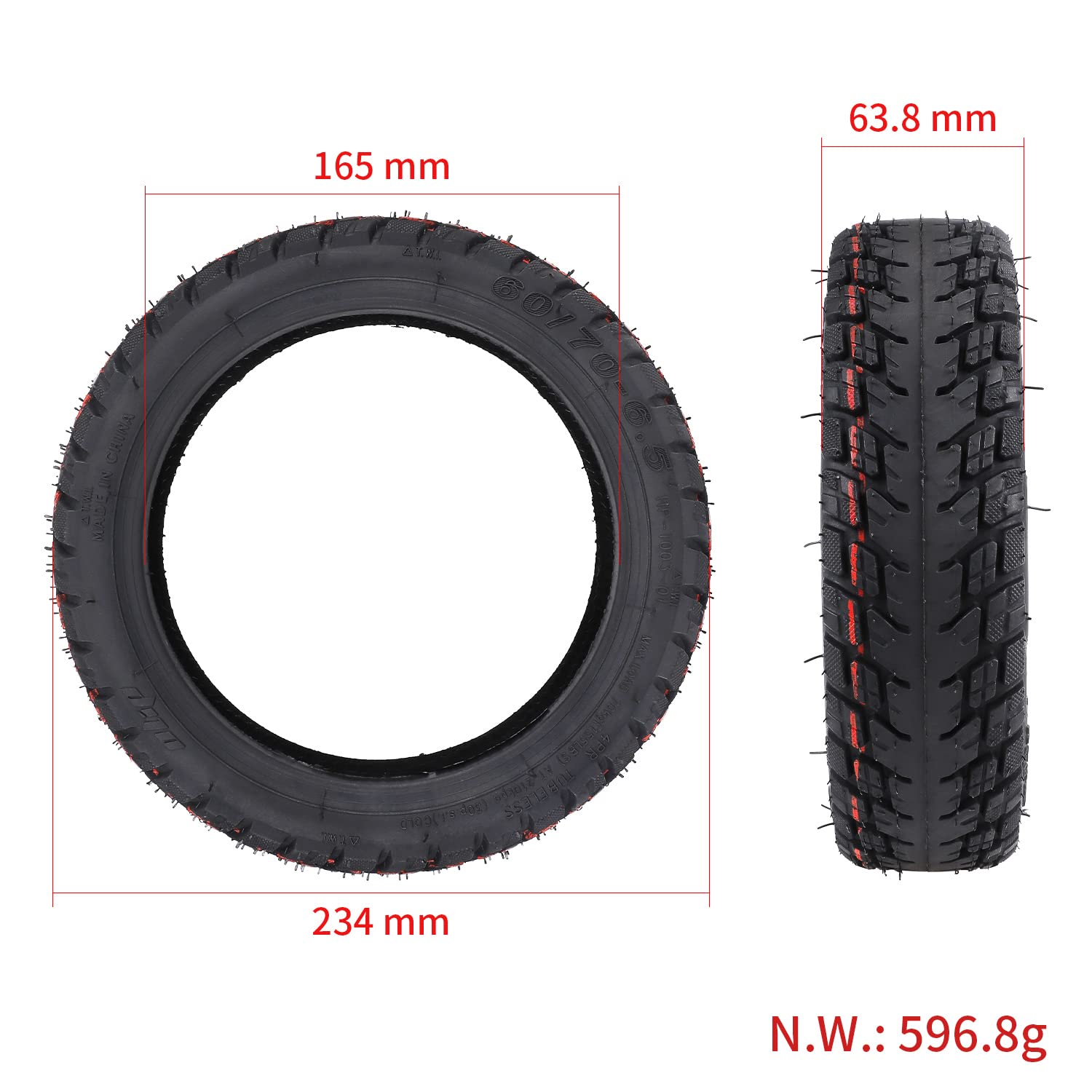 ZAITUO 60/70-6.5 10-inch Explosion-proof Tubeless Tire + 10