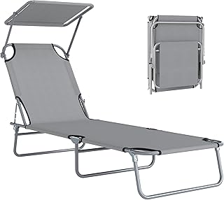 Outsunny Folding Sun Lounger with Canopy, Reclining Sunbed with 4-Positi...