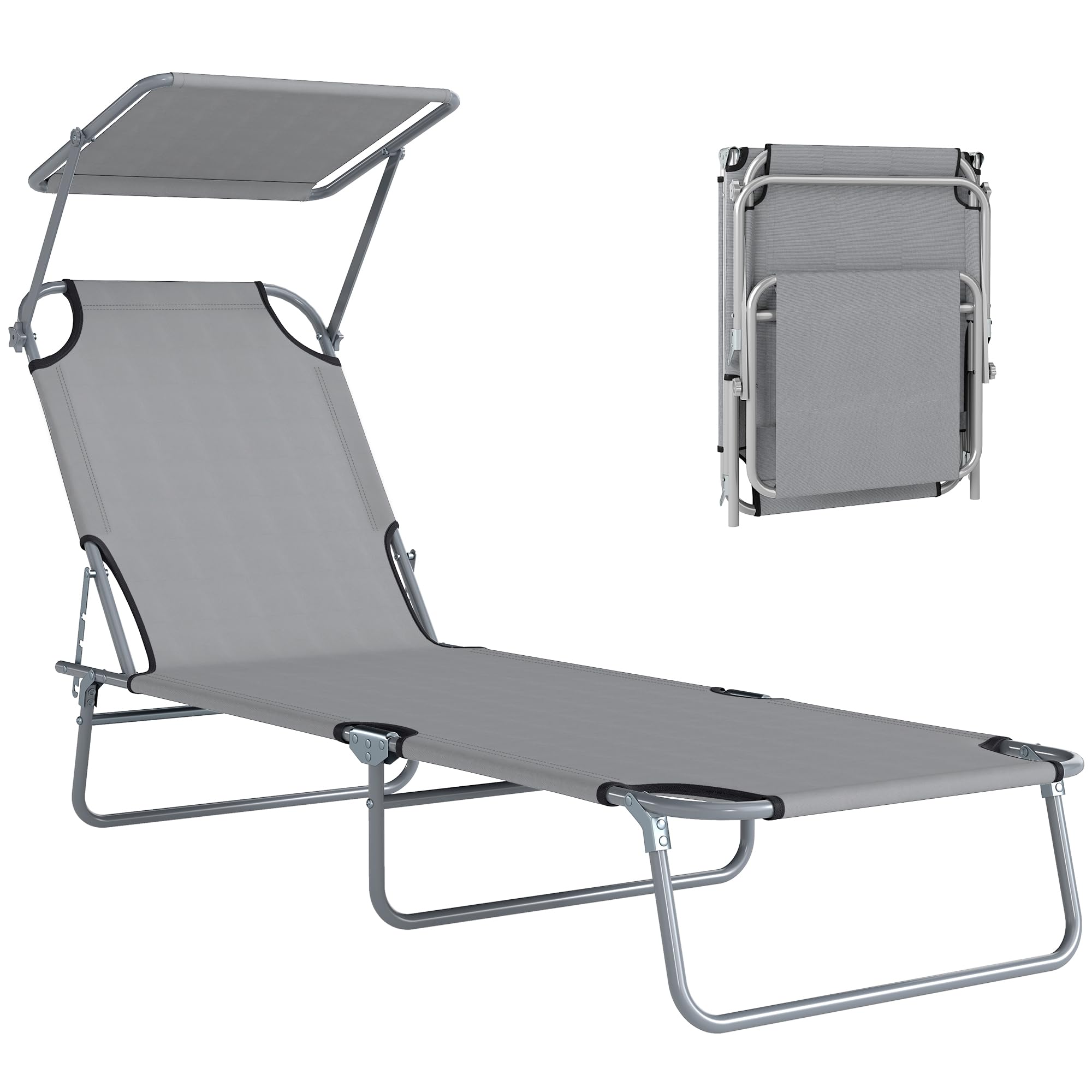 Outsunny Foldable Reclining Sun Lounger with Adjustable Awning - Light Grey x 1 Piece / 1