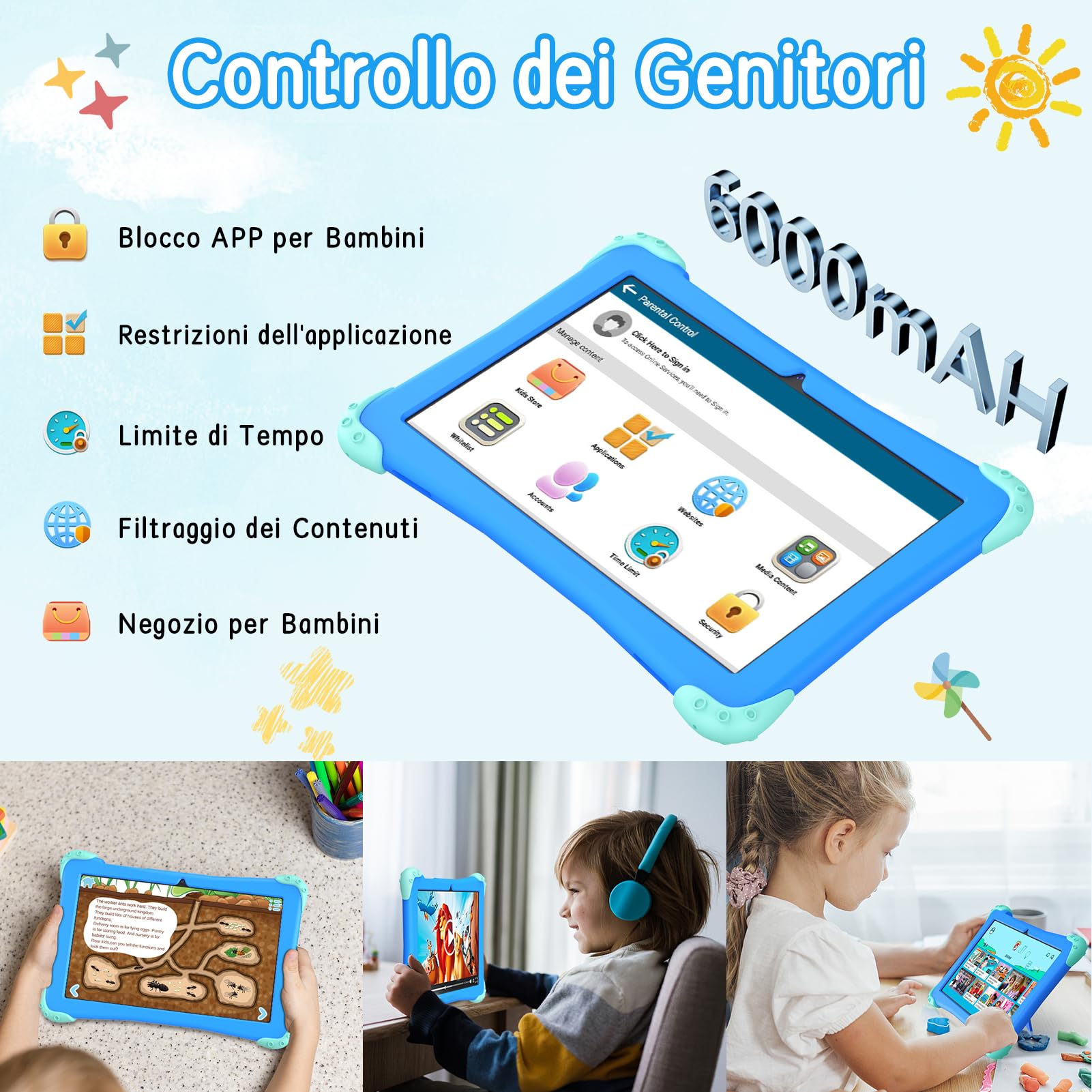 EagleSoar Tablet per Bambini da 10 Pollici, 10GB RAM + 64GB ROM Processore Octa-Core, Tablet Android14 per Bambini 3 a 12 anni, Software Didattico per Bambini Preinstallato e Controllo Genitori(Blu)