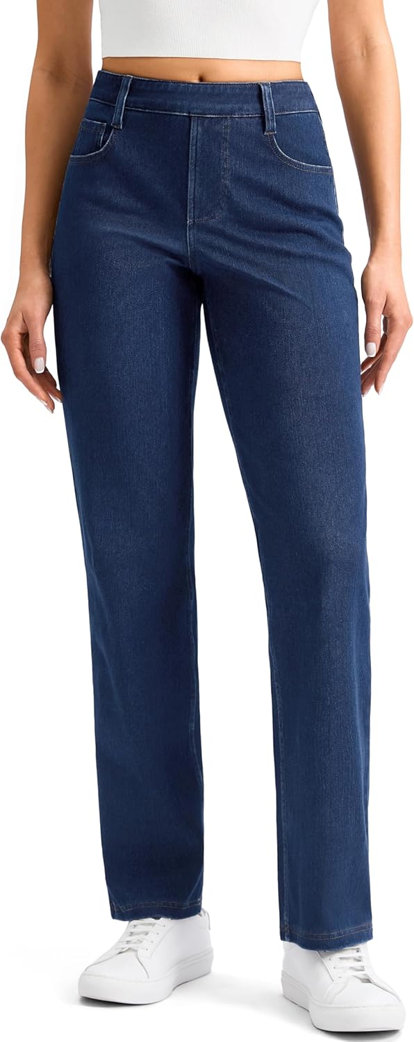 Rammus Straight Leg Jeans for Women Stretchy Pull on Sweatpant Jean Trendy Tummy Control High Waisted Denim Pants