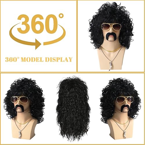Miniatura 3 de Etomiel Peluca negra rizada de los años 80 para hombre, disfraces de los años 80 para hombres, pelucas de discoteca de los años 70 para hombres,