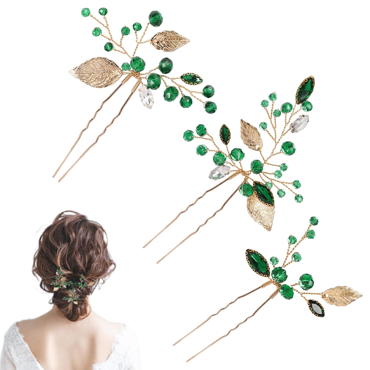 Bride Leaf Hair Pins,3 Pcs Emerald Green Hair Accessories