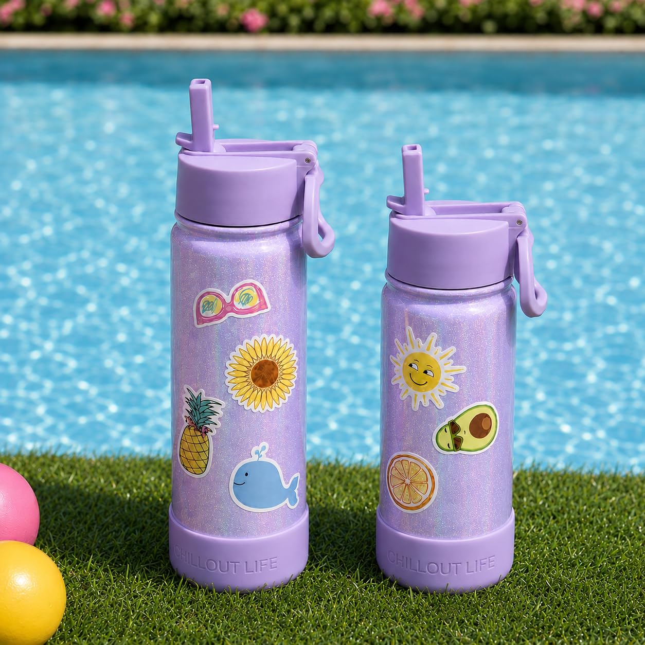CHILLOUT LIFE Botella de agua de 17 onzas con aislamiento para niños con tapa con pajilla, a prueba de fugas y bonitas calcomanías impermeables, termo personalizado de acero inoxidable, botella de