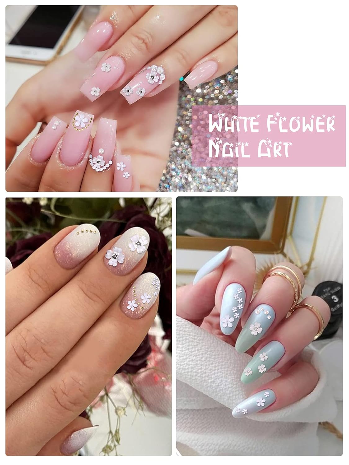 3D White Flower Nail Charms for Acrylic Nails, Lorvain 24 Grid Nail Art Decoration Flower Golden Beads Design Decals for Women Girls DIY Manicures Jewelry Salon Nail Studs Accessories : Beauty & Personal Care