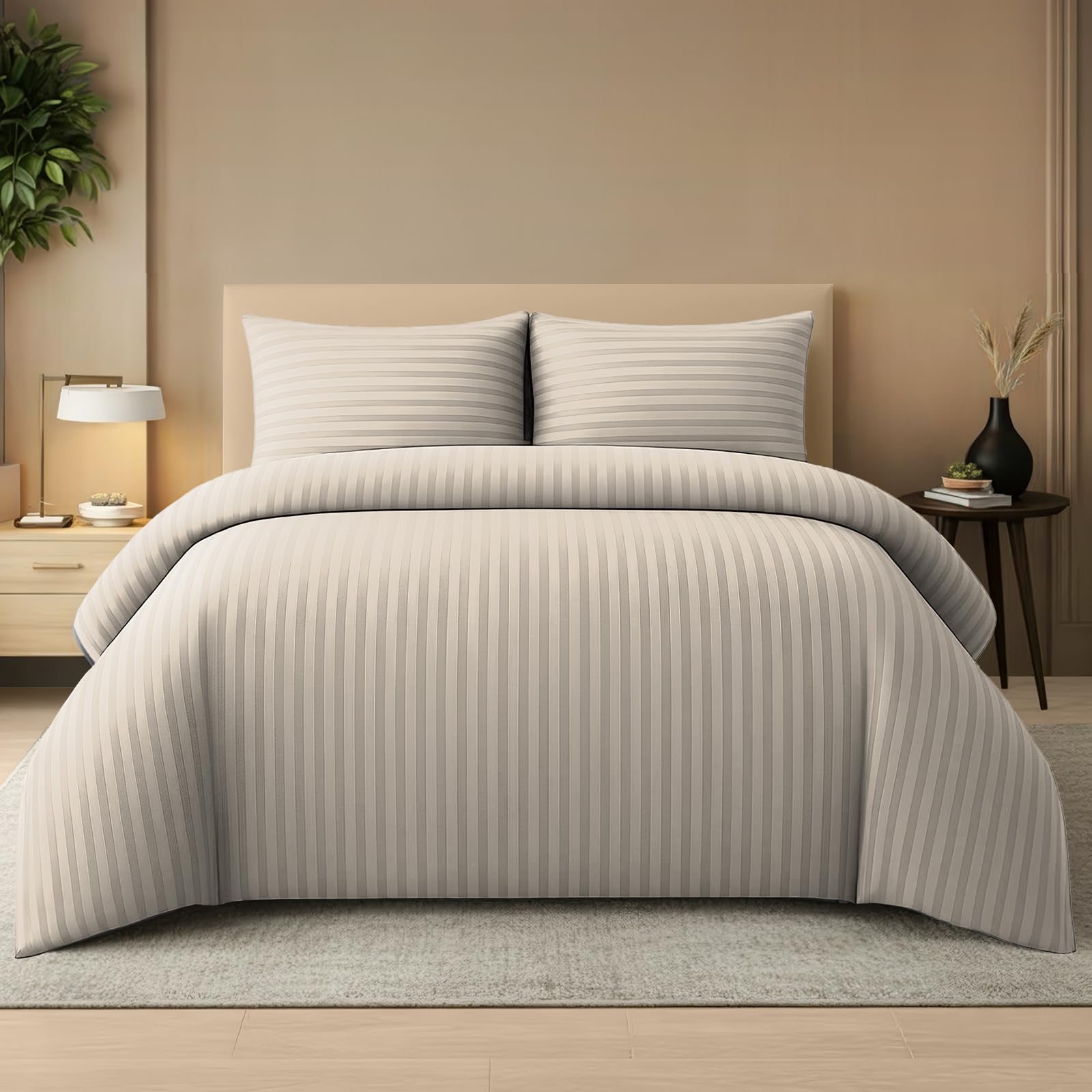 Pamposh Set copripiumino king size a righe satinate, qualità alberghiera, biancheria da letto ipoallergenica ultra morbida in microfibra