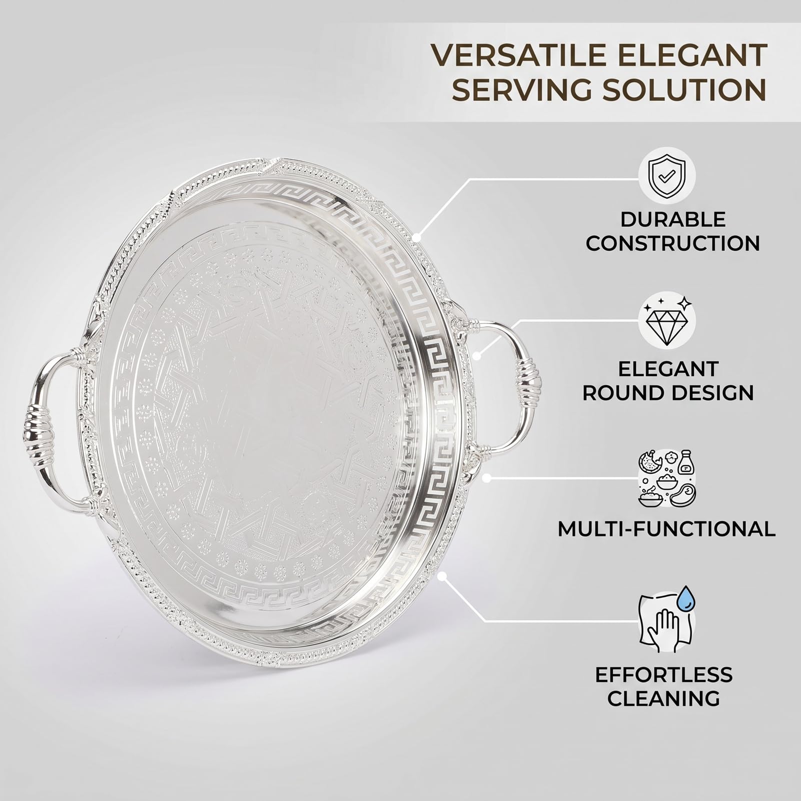Bandeja de Servicio Antiderrames, Bandeja para, para Uso en Mesa | Bandeja de servicio de metal vintage para mesa de centro Prevención de derrames Aspecto grabado vintage Hierro redondo de