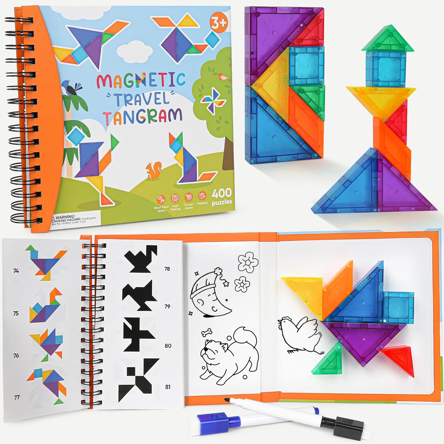 Magnetic Tangram Puzzle with 3D Building Blocks, Road Trip Essentials Travel Tangram with 400 Solution Montessori Travel Toys for Kids Magnetic Puzzles Brain Teasers Gifts for Kids Adults