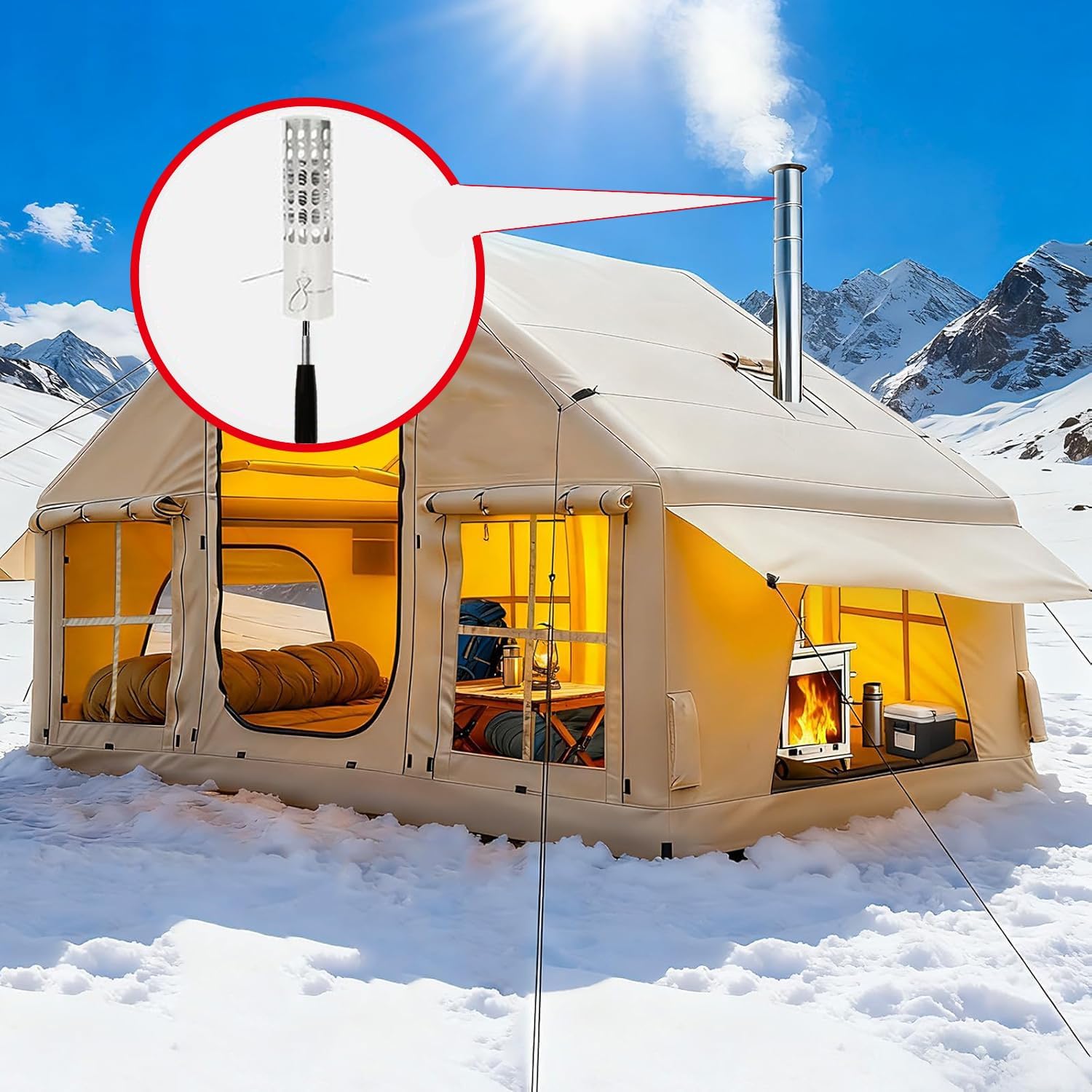 7.5FT Tent Wood Burning Stove Pipe Cleaning Brush with Stainless Steel Bristles;Fiberglass Chimney Rod Kit, with Brush to Clean Debris from Chimney (2.5 in)