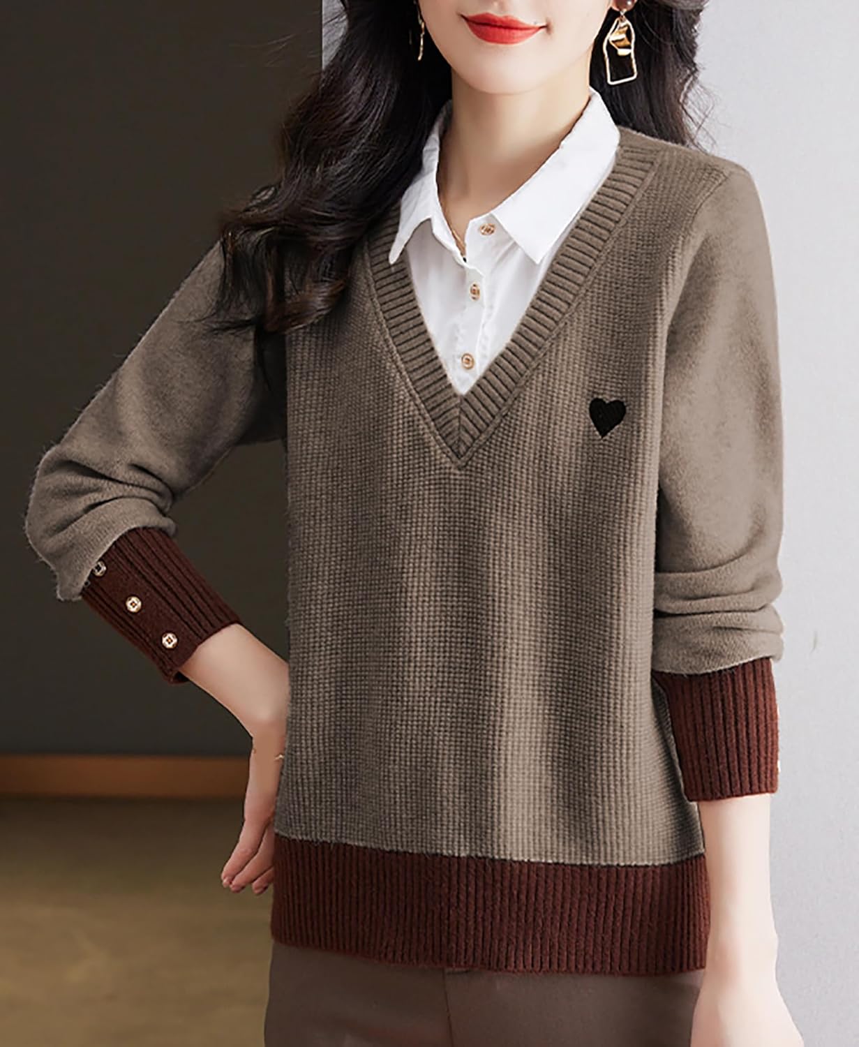 Women's Collar Neck Layered Look Contrast Sweater Long Sleeve 2 in 1 Pullover Knitwear Tops - Image 4