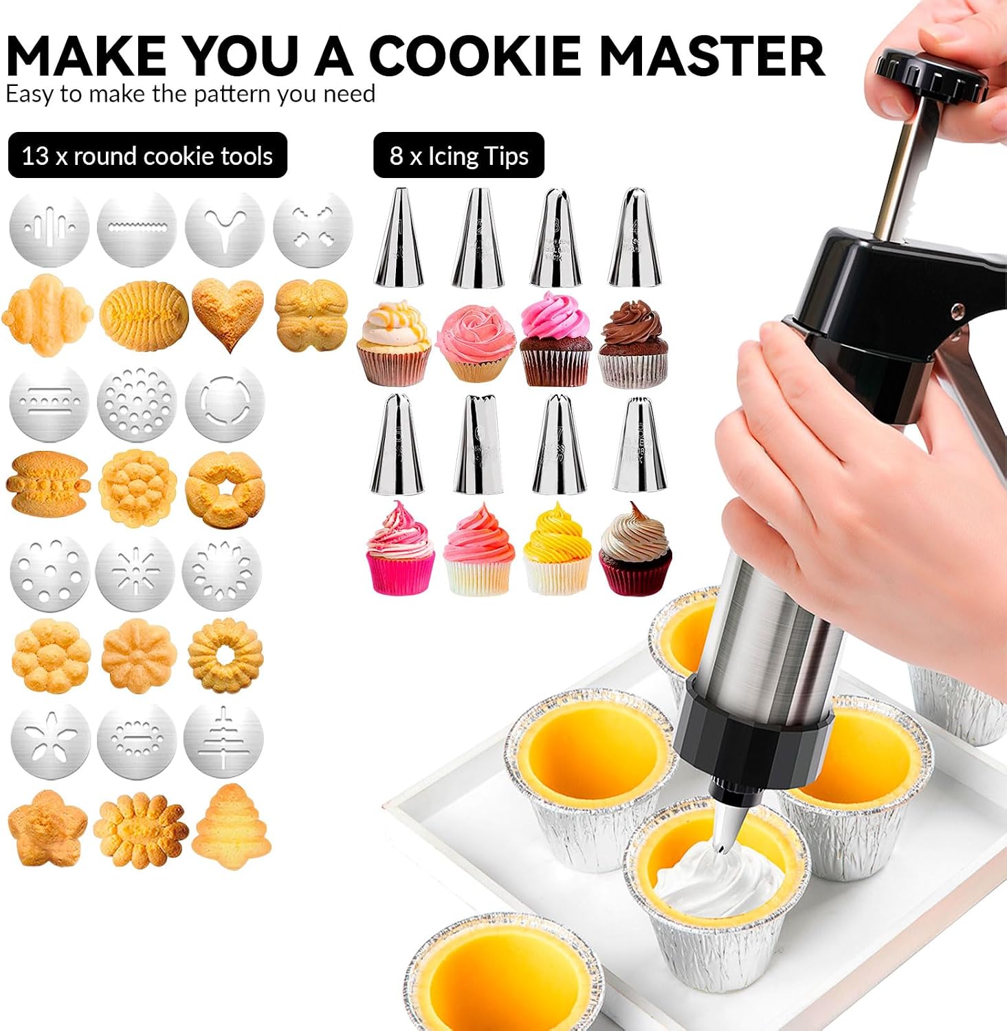 Stainless Steel Cookie Press Kit,Spritz Cookie Press Set with 13 Cookie Discs and 8 Piping Tips, Cookie Press for Baking for Cookie Maker and Cake Icing