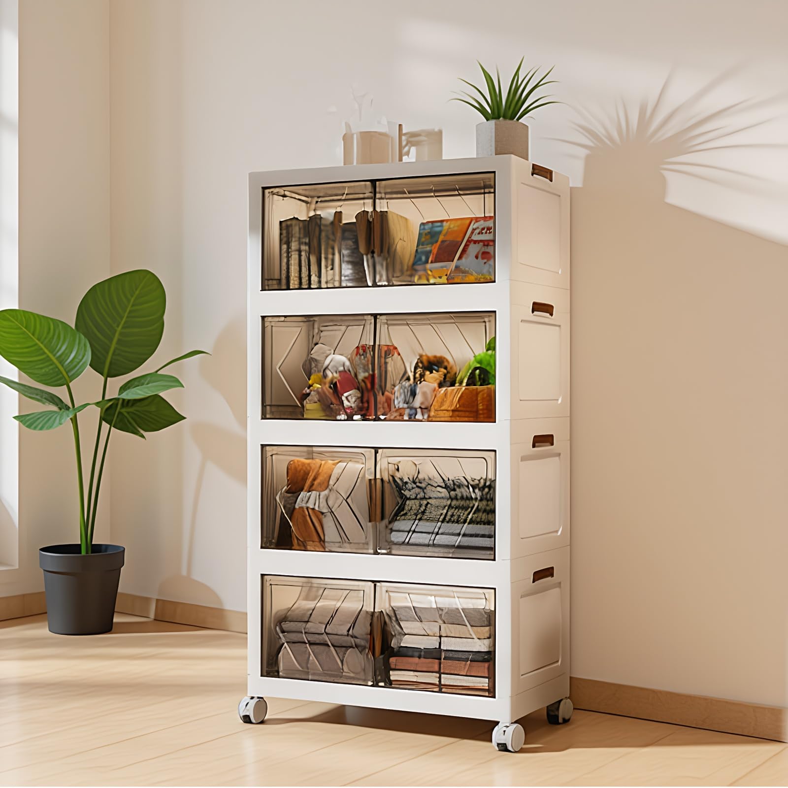 CLBDRESS 4-Tier Stackable Storage Bins with Lids 94QT Plastic Large Collapsible Storage Containers with Wheels and Magnetic Doors Foldable Closet