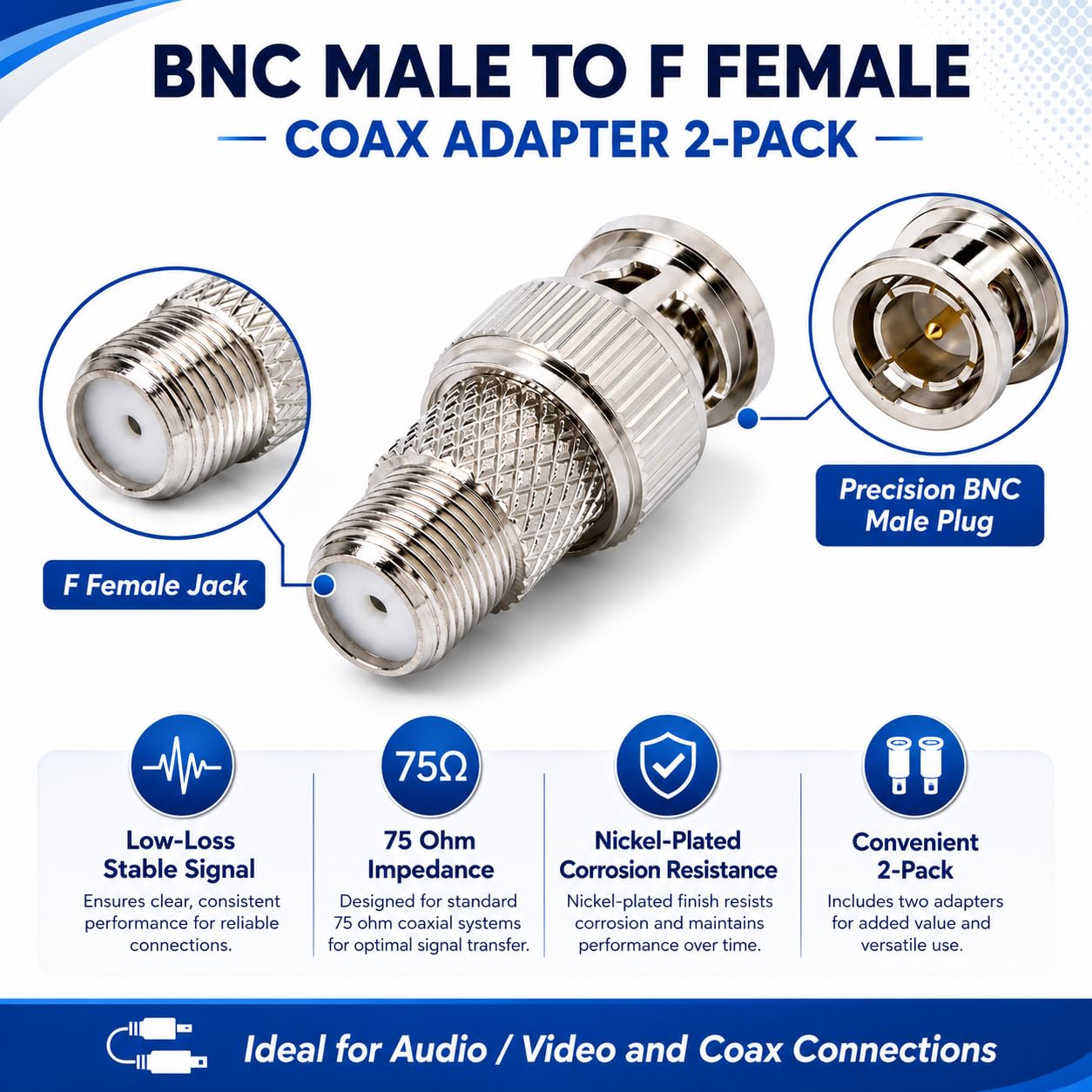 Connettore adattatore da F a BNC, adattatore coassiale da BNC maschio a F femmina, 75 Ohm confezione da 2