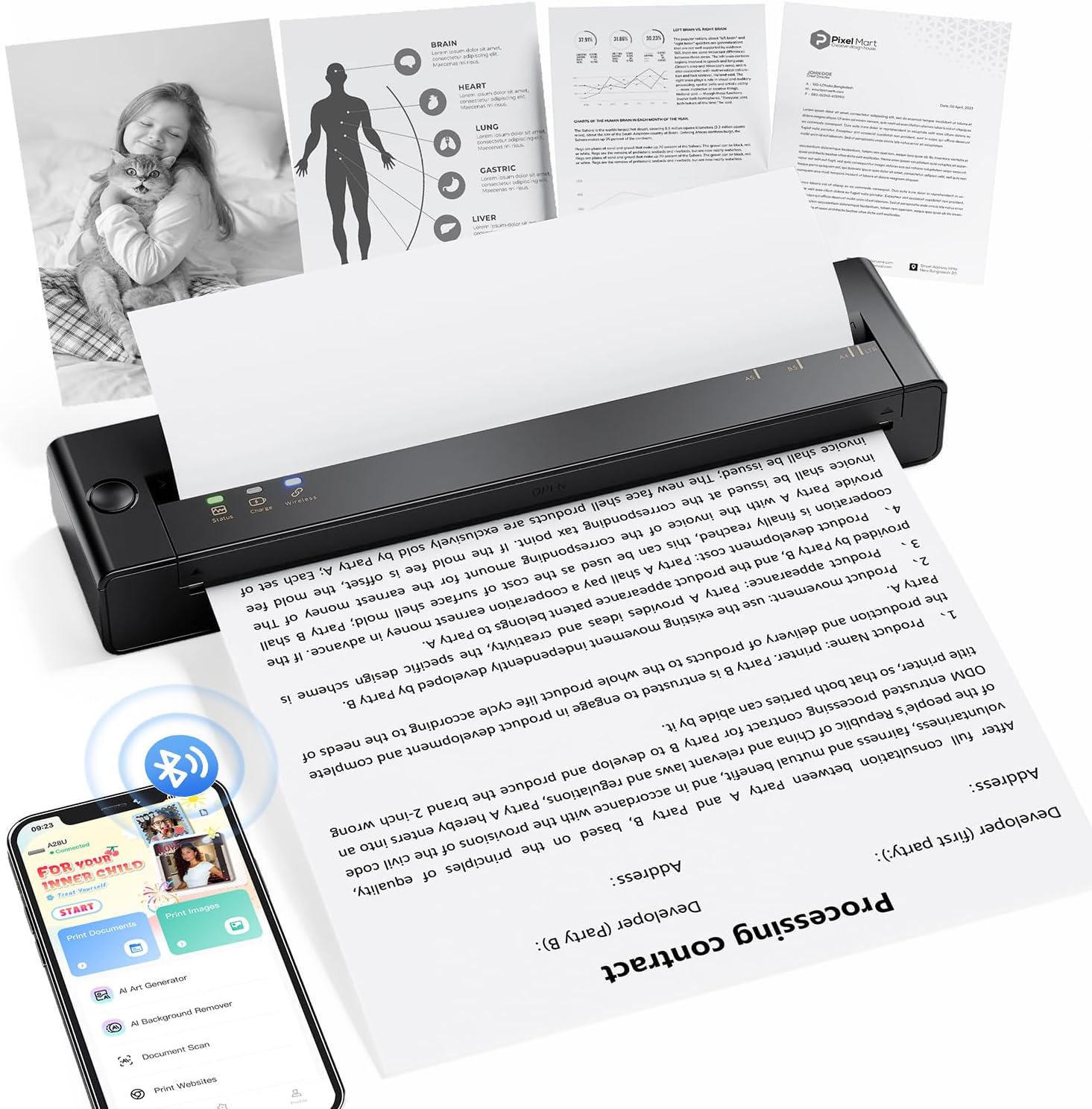 TATTMUSE Inkless Portable Printers Wireless for Travel, Small Thermal Printer Compatible with iPhone Laptop, Bluetooth Mobile Printer for School/Office/Home Use Support 8.5" X 11" Thermal Paper