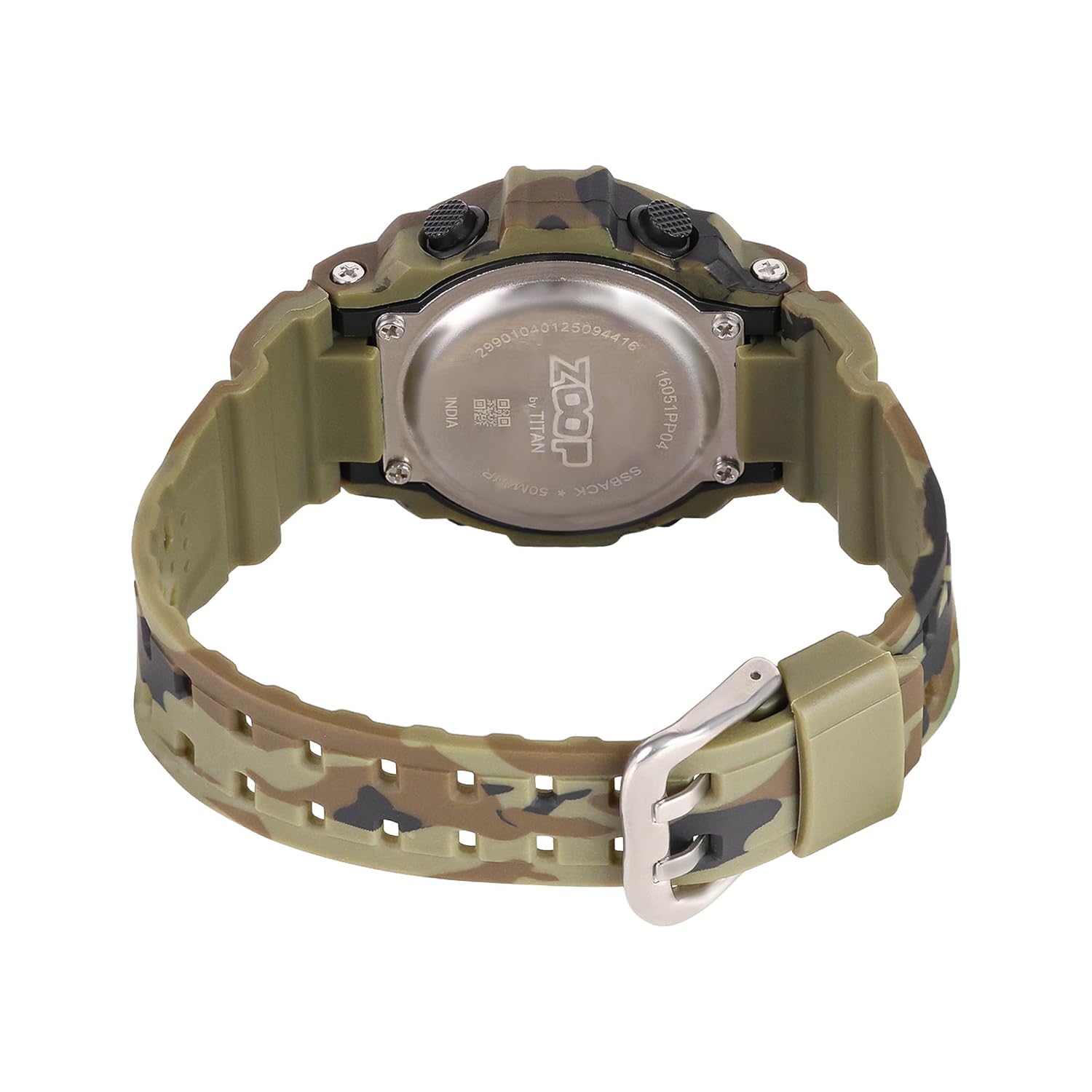 पछाडि view of the Zoop Digital Watch 16051PP04, showing the stainless steel case back.