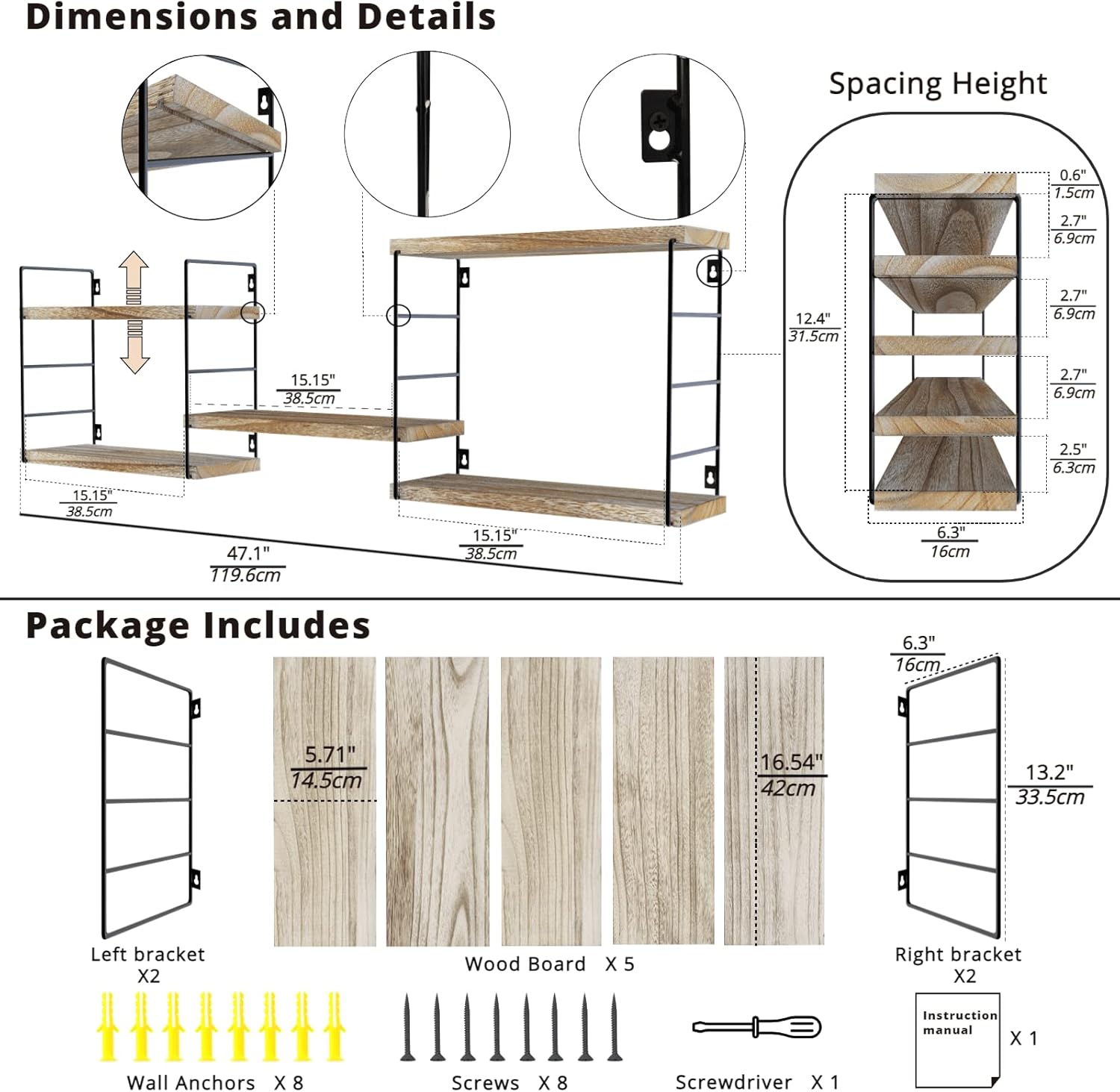 Floating Shelves Wall Mounted, Adjustable Storage Rack for Office, Bathroom, Living Room, Bedroom, Kitchen, Light Brown Shelves for Wall Decor(5 Boards)
