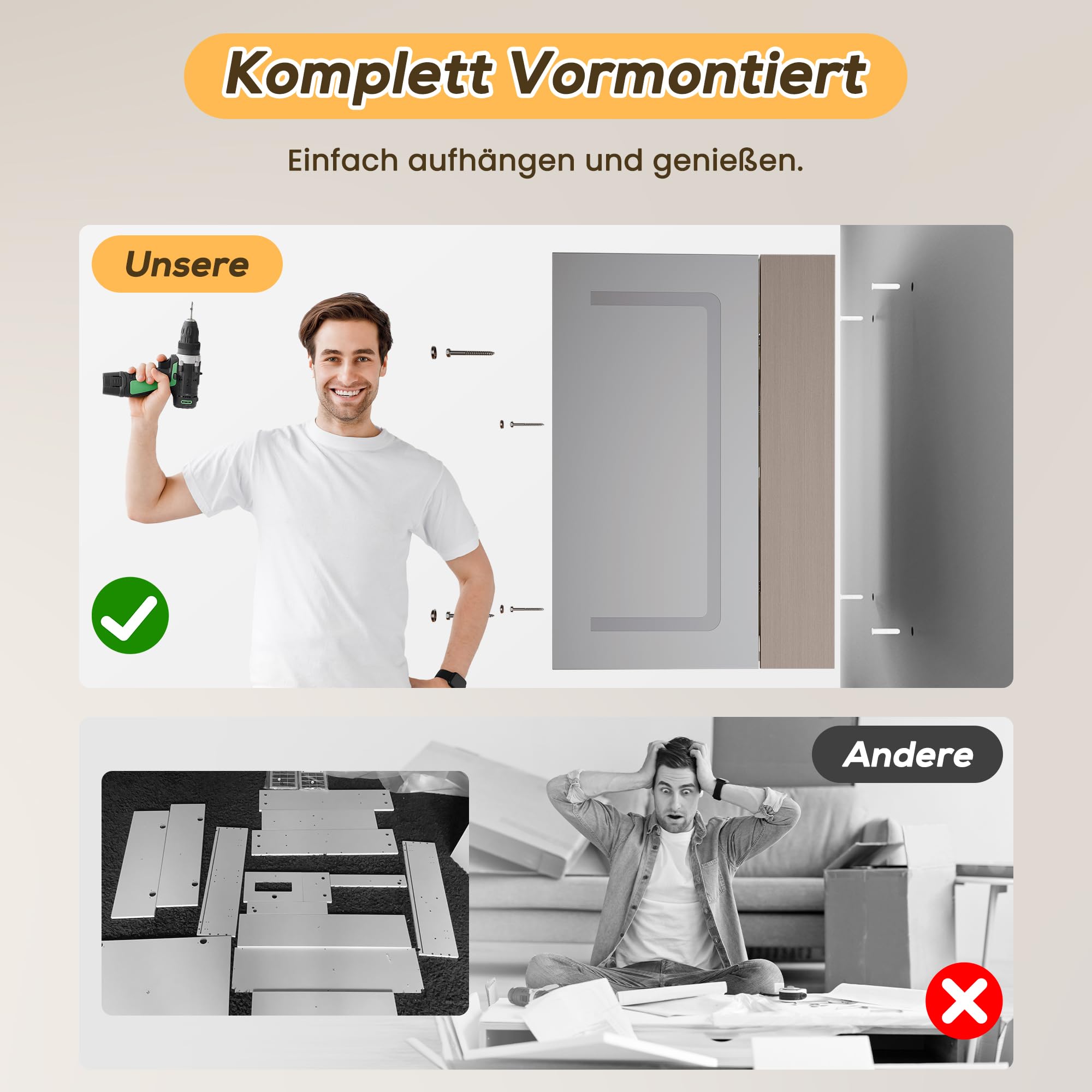 SONNI Spiegelschrank mit Beleuchtung 90x60 cm, 3 Türen LED Spiegelschrank Bad mit Anti-Beschlag, Steckdose, 3 Lichtfarben, Dimmbar, Vollständig Montiert