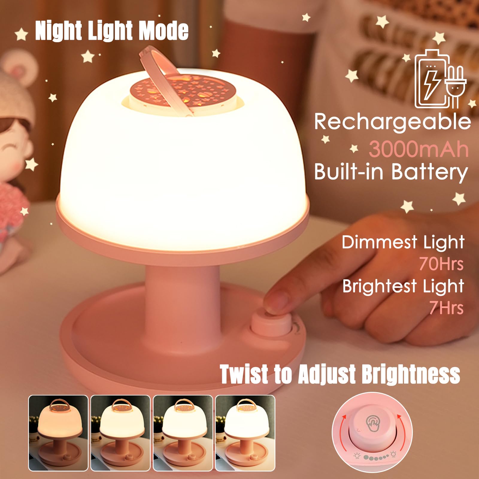 LICKLIP Veilleuse à DEL à intensité variable avec projecteur d'étoiles, minuterie et changement de couleur, portable, rechargeable, joli cadeau pour chambre d'enfant
