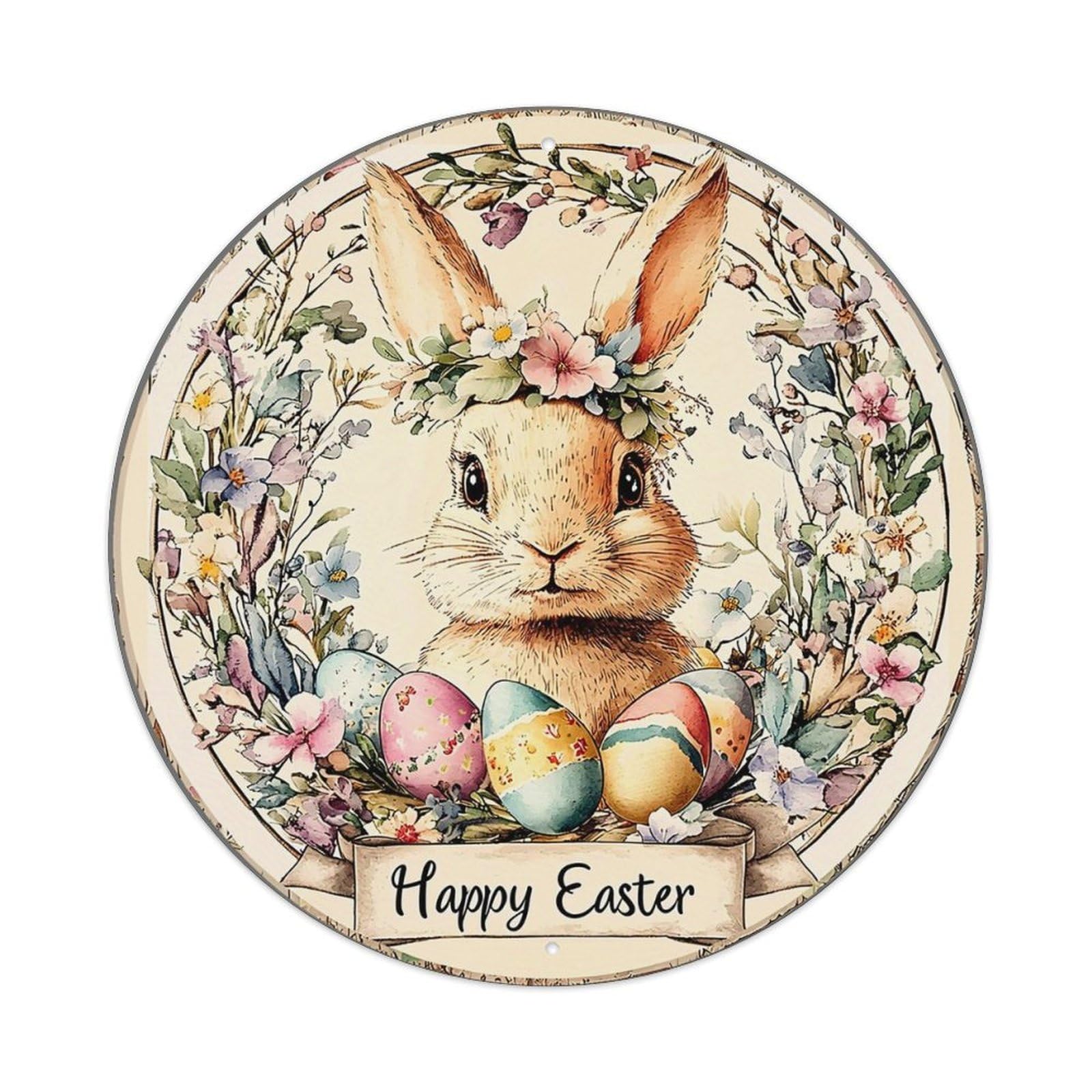Floral Easter Bunny With Eggs Vintage Metal Tin Sign Retro Wall Decor for Home Bar Garage Cafe, Indoor & Outdoor Decorative，circle Metal Poster, 8x8 Inch