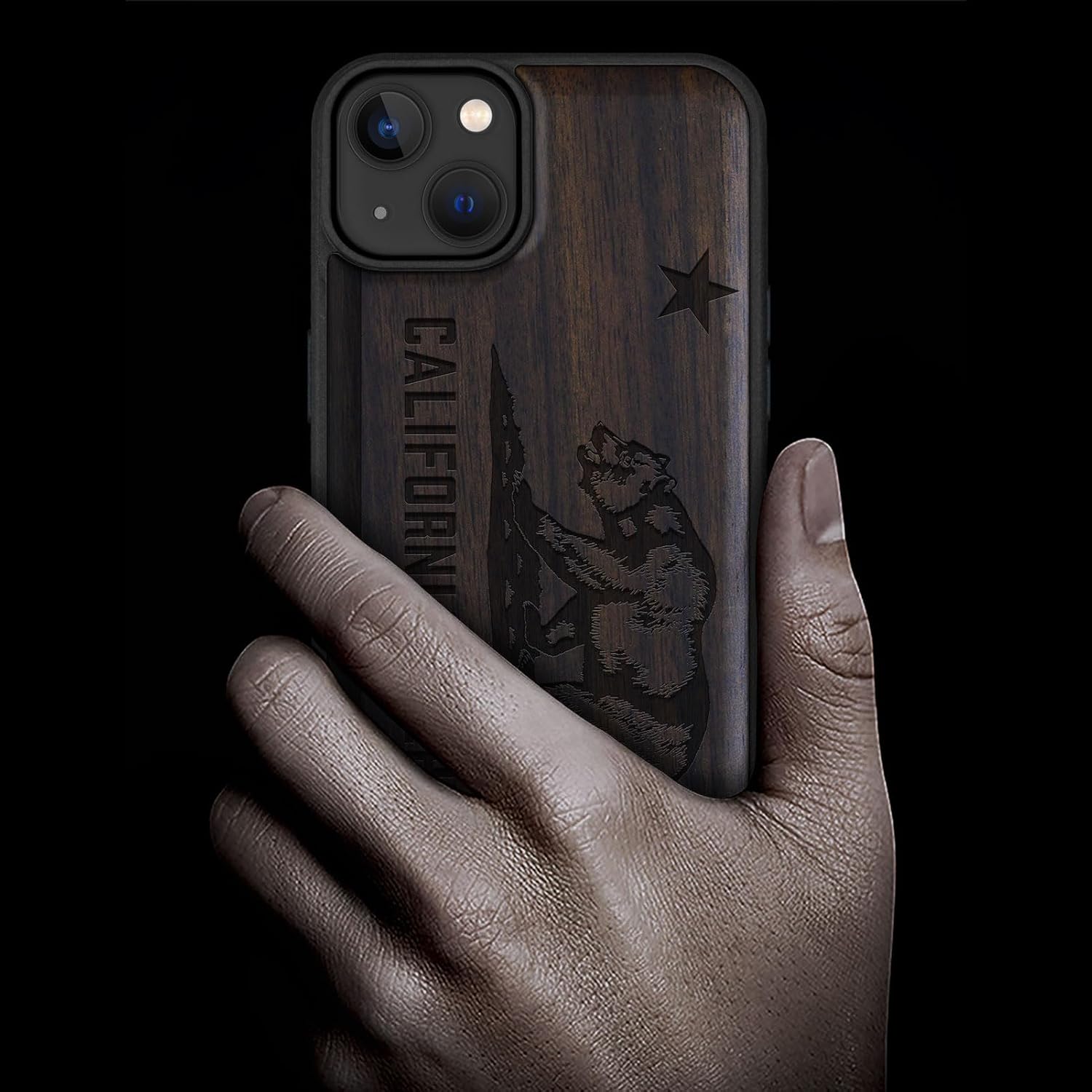 Carveit Magnetic Wood Case for iPhone 14 Plus - Natural Wood & Black Soft TPU - Protective Cover - Unique & Classy Wooden Case - Compatible with MagSafe (California Republic Flag -Blackwood)